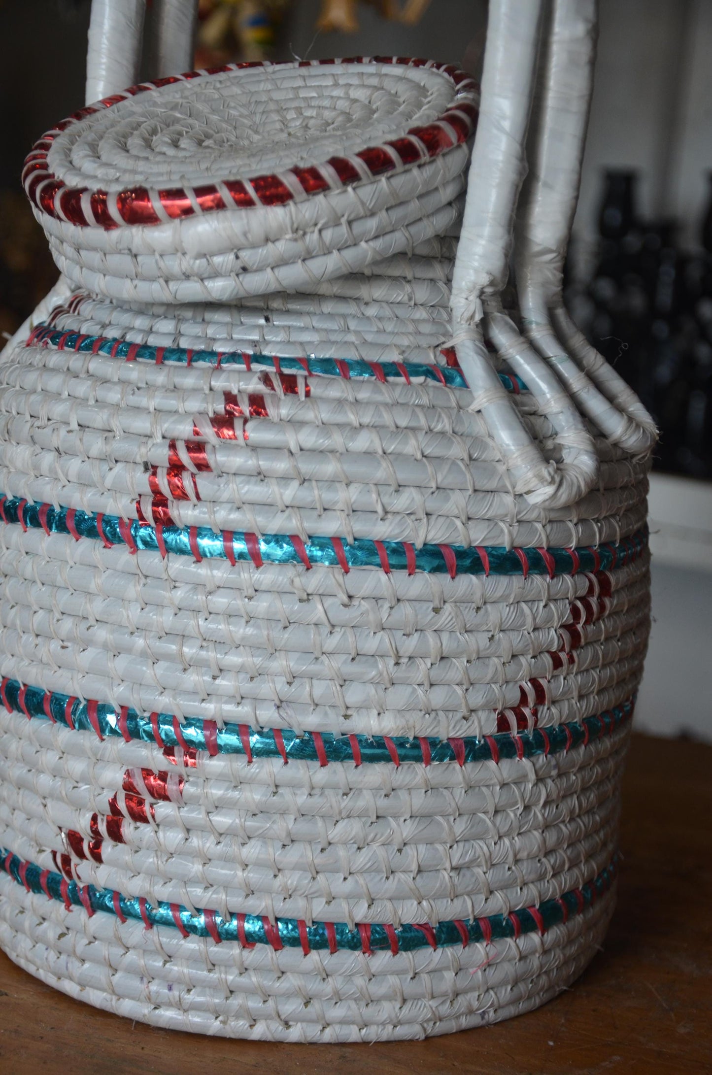 Handwoven Rwandan Agaseke Basket | White Boho Storage Basket with Lid