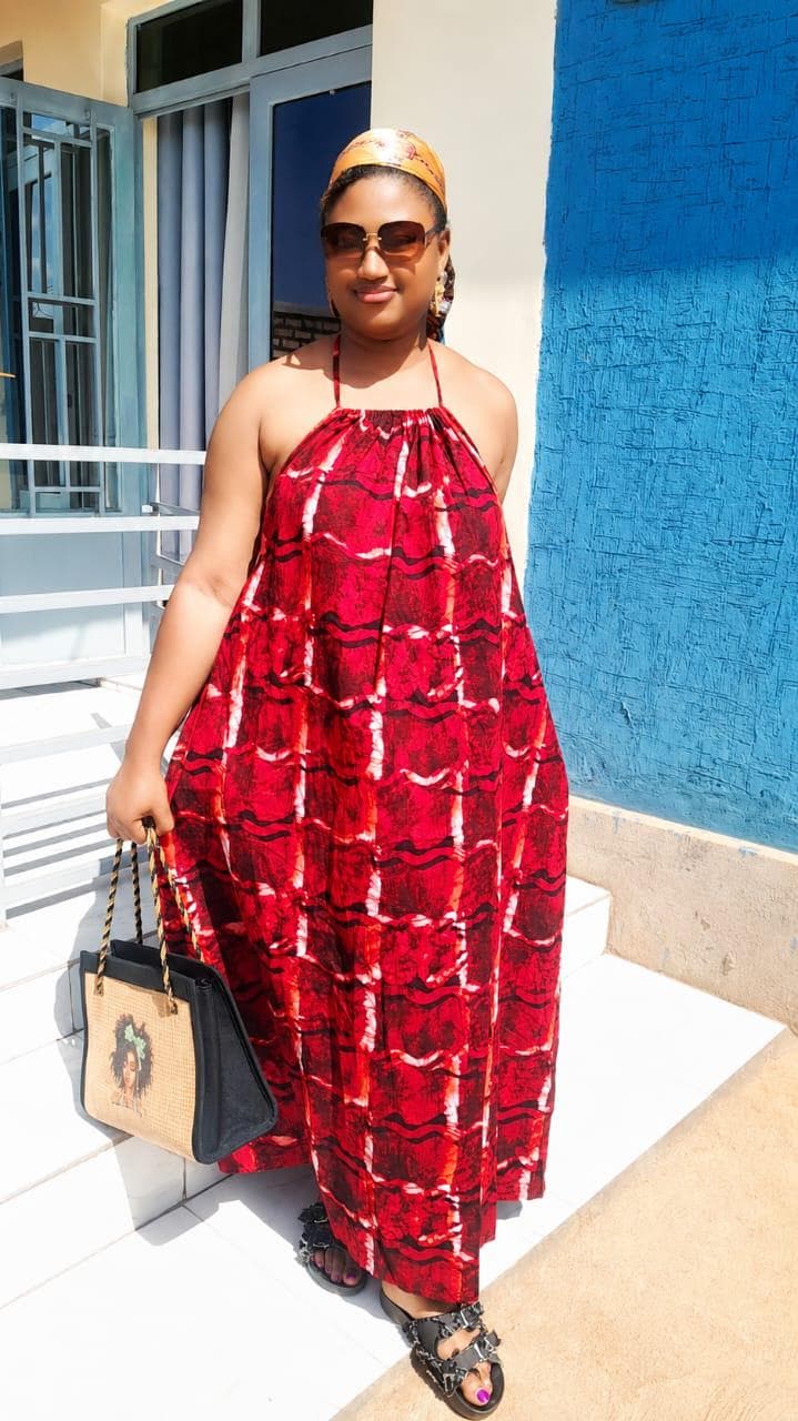 African Halter Maxi Dress | Red Multicolor Ankara Kitenge | Flowy Summer Vacation Gown