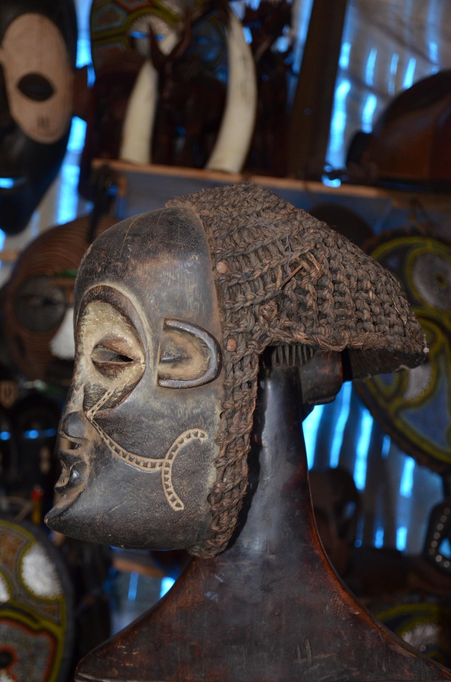 Authentic Chokwe Pwo Mask - 14" Hand-Carved Wood Female Ancestor Portrait Sculpture, Traditional Kaolin Infill.