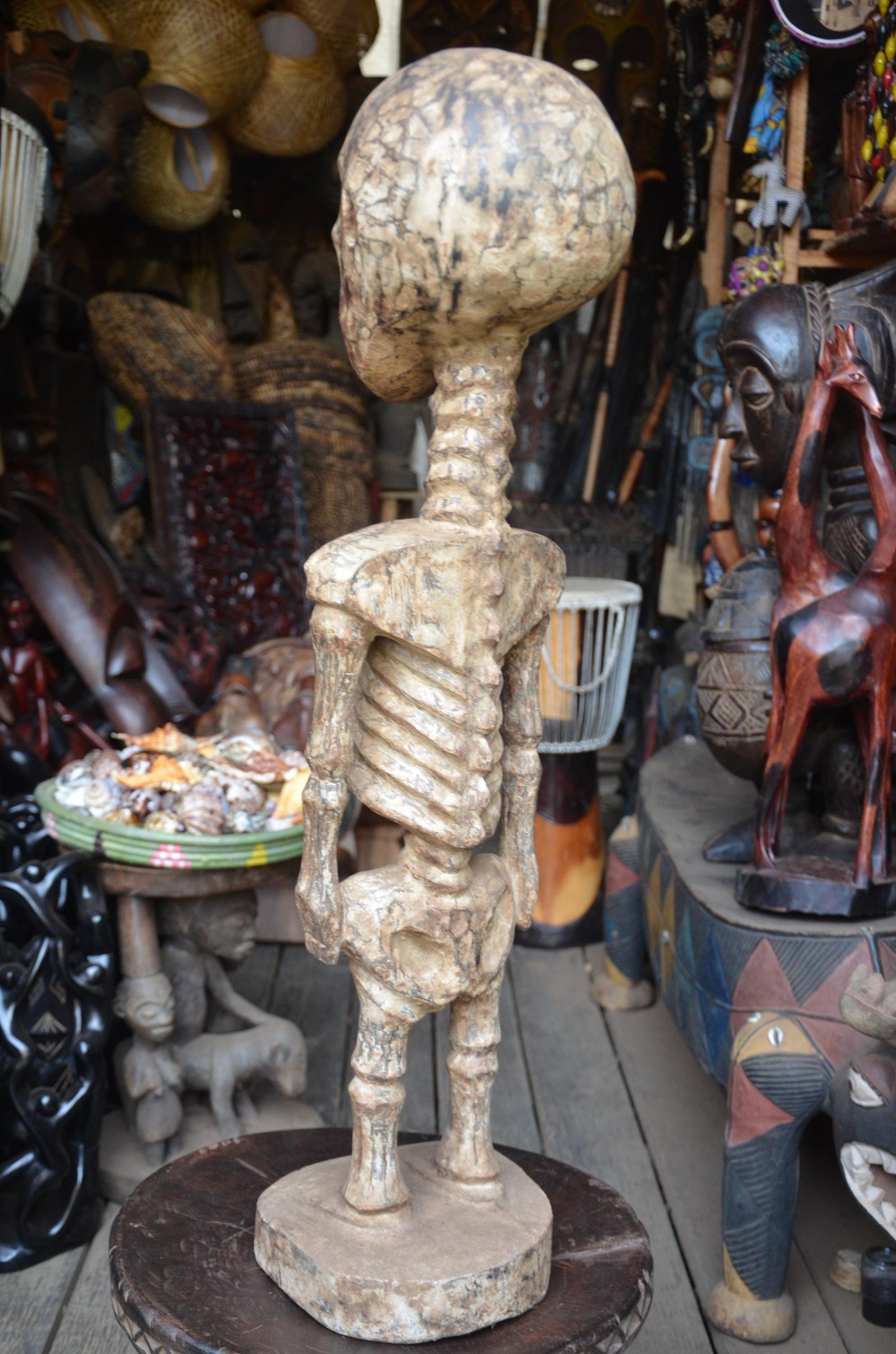 Kuyu or Mumuye Skeleton Figure - 35" Large Authentic Wood Carving, Ancestor Memento Mori Statue, Striking Primitive Art.