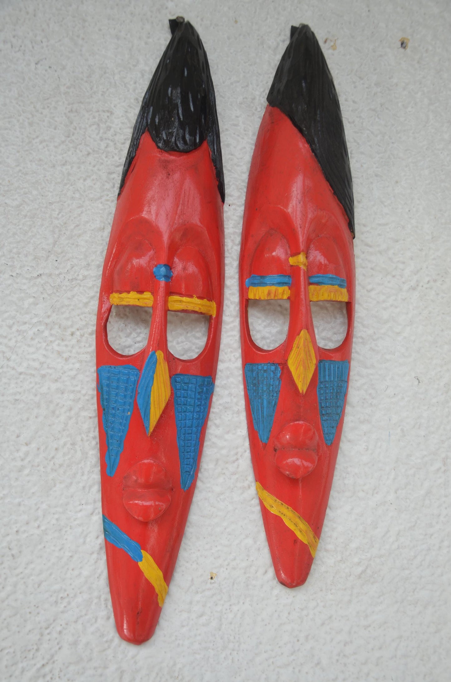 Hand-Carved Nyiginya Kingdom Crimson Red Wooden Facemask Couple | African Tribal Wall Art Decor