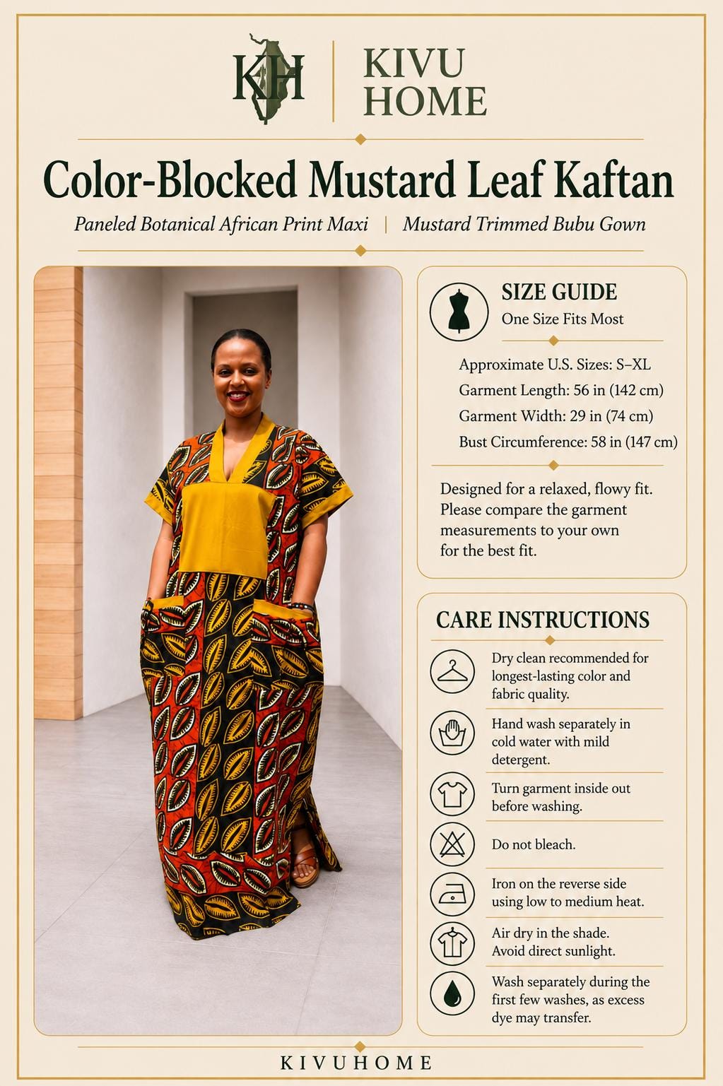 Color-Blocked Mustard Leaf Kaftan | Paneled Botanical Maxi, Trimmed Bubu