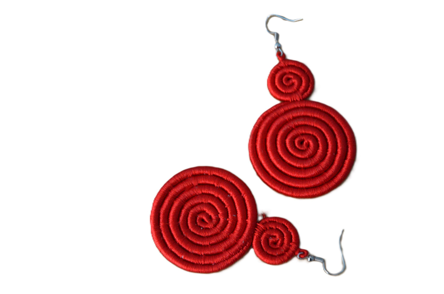 Red Sisal Rwandan Earrings, Handmade African Woven Fiber Jewelry, Bold Boho Statement Drop Earrings