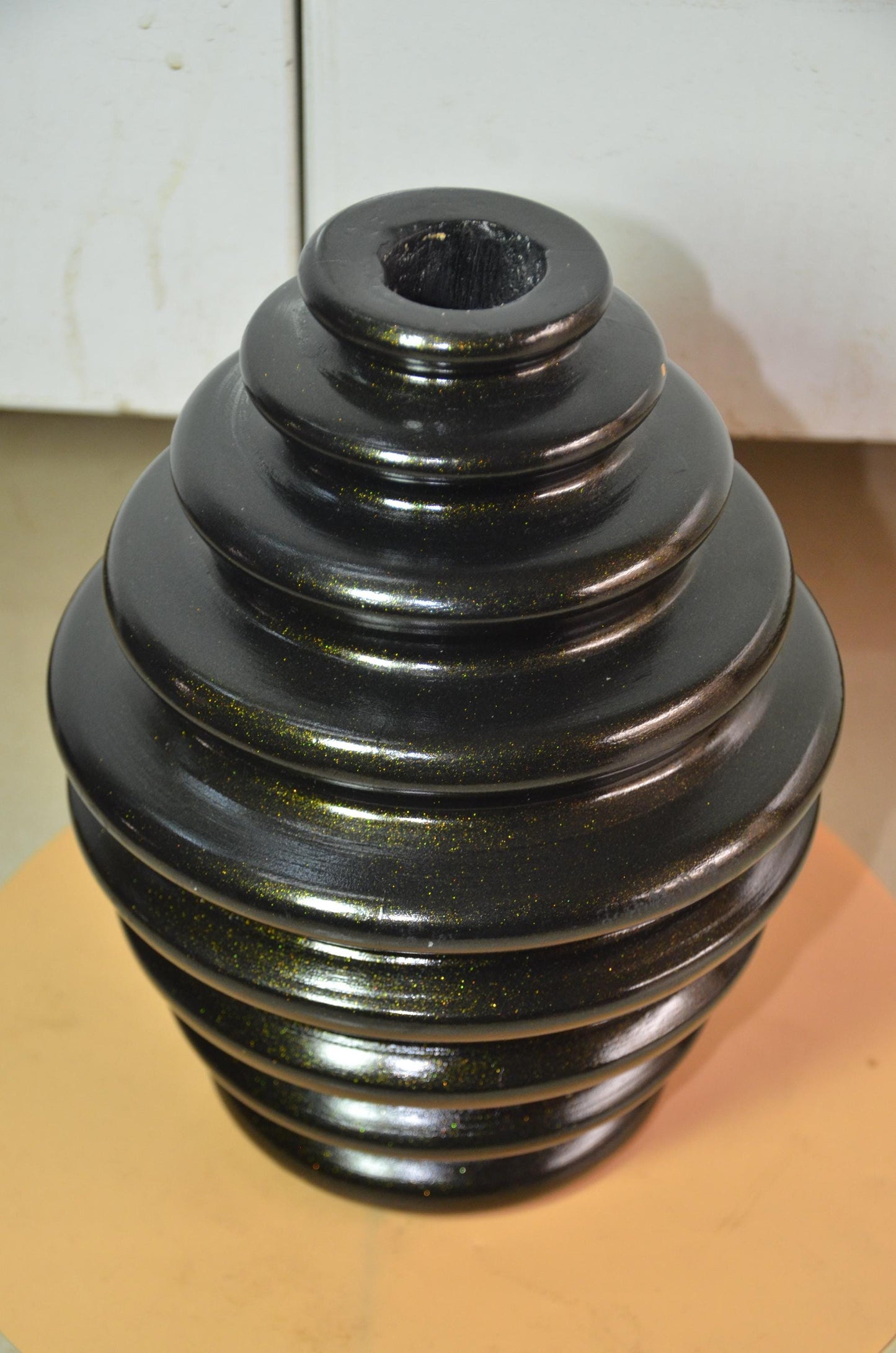 Large Black Wooden Ribbed Vase | Gold Shimmer Beehive Ringed Vessel, Nordic Decor