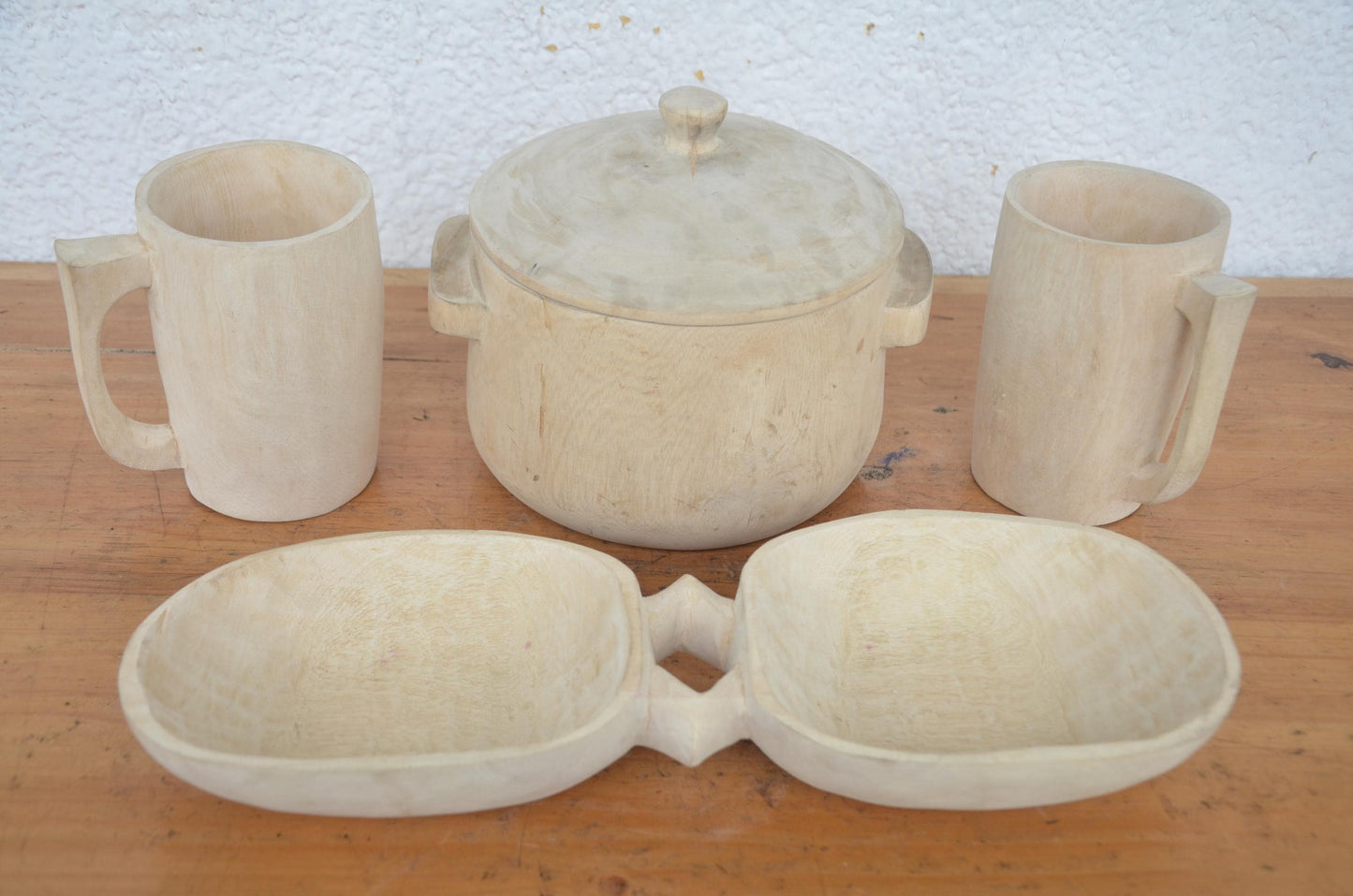 Hand-Carved Wooden Food Dish and Mug Set | Artisan African Kitchen Decor