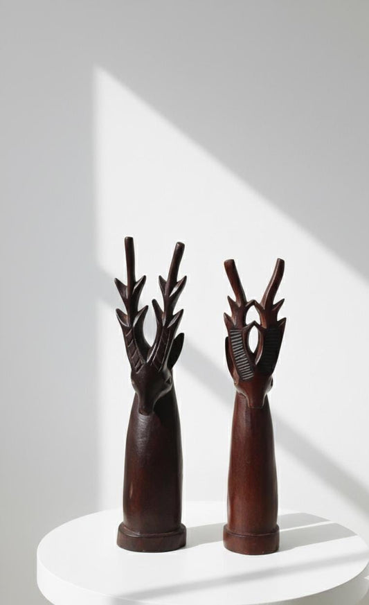 A Pair of Stag Deer Heads – Hand-Carved Wooden Wall Decor
