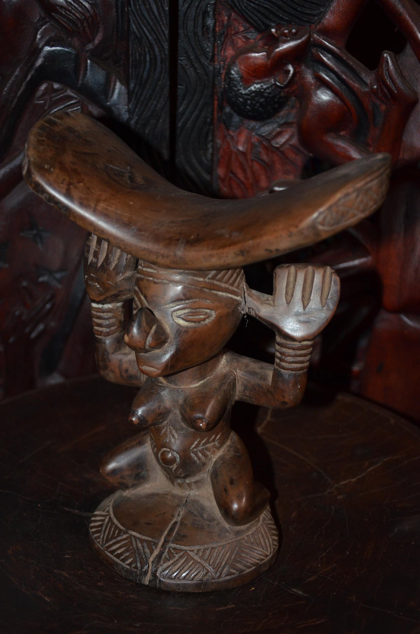 Luba Songye Caryatid Stool – 10" Hand-Carved Wood Headrest – Congo Tribal Art