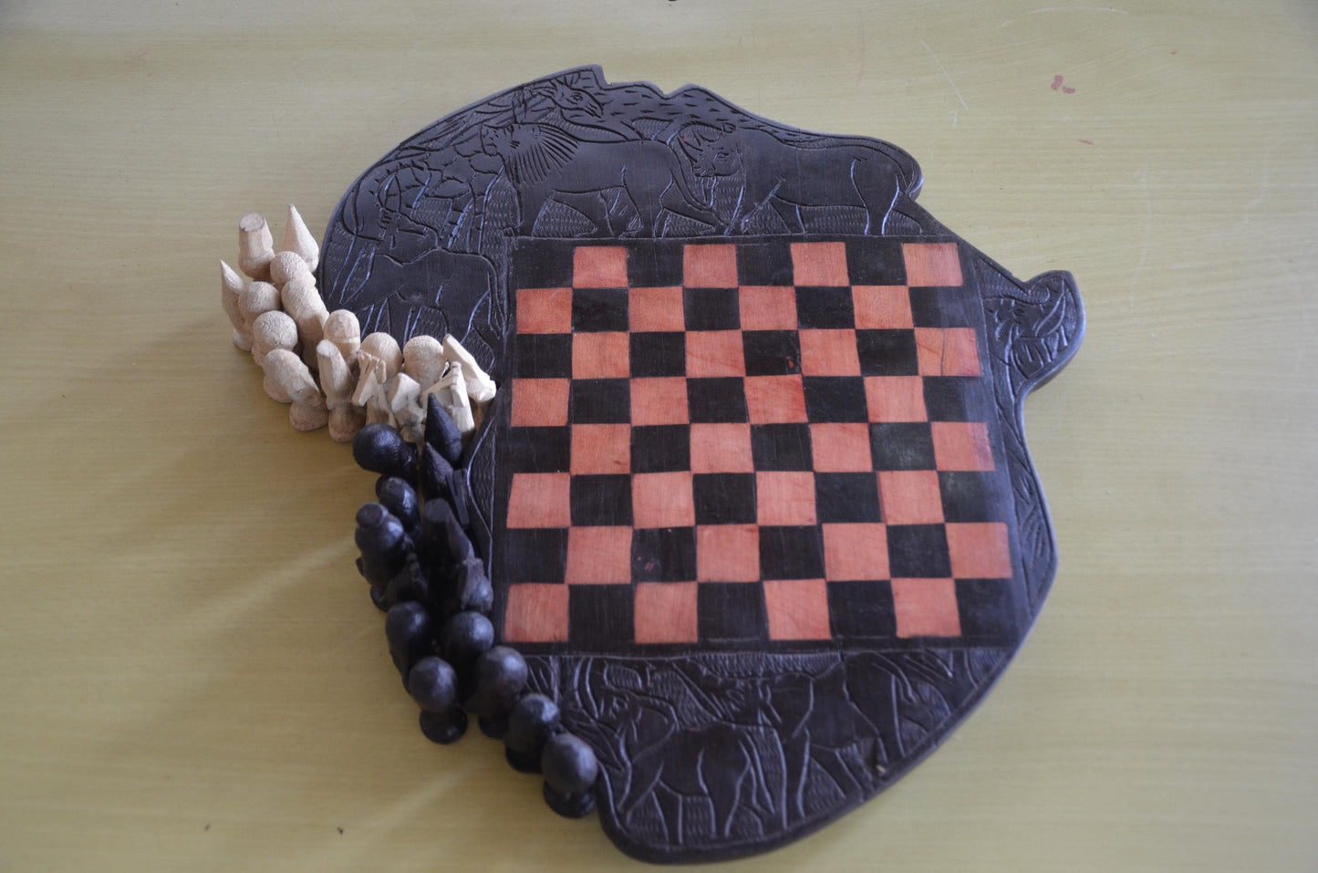 Makonde Animal-Themed Hand-Carved Wooden Chess Set | Tanzanian & Kenyan Artisan Game Board