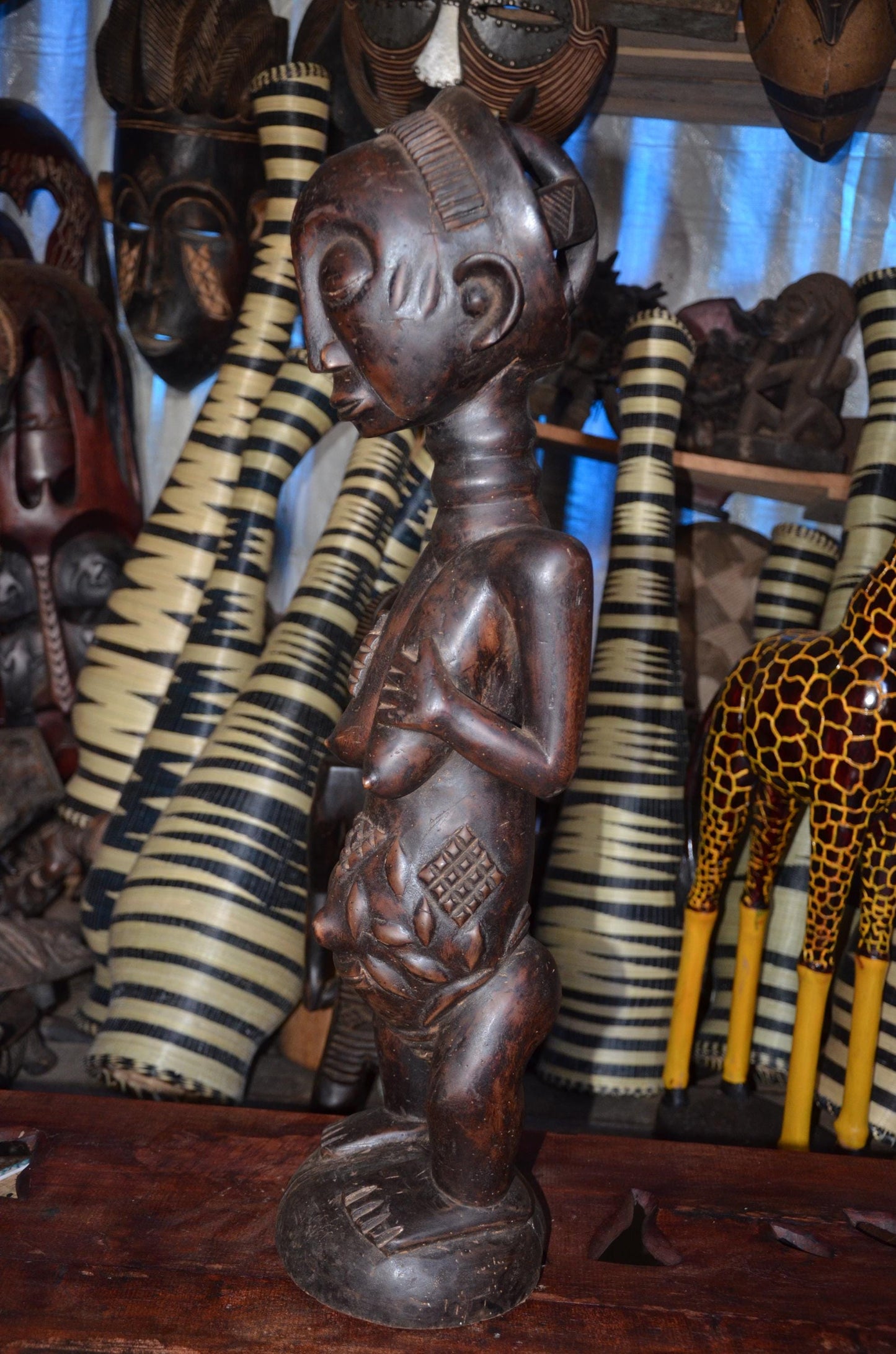 Luba Female Ancestor Fertility Figure - 29" Authentic Congo Wood Statue, Intricate Body Scarification, Prestige Tribal Art.