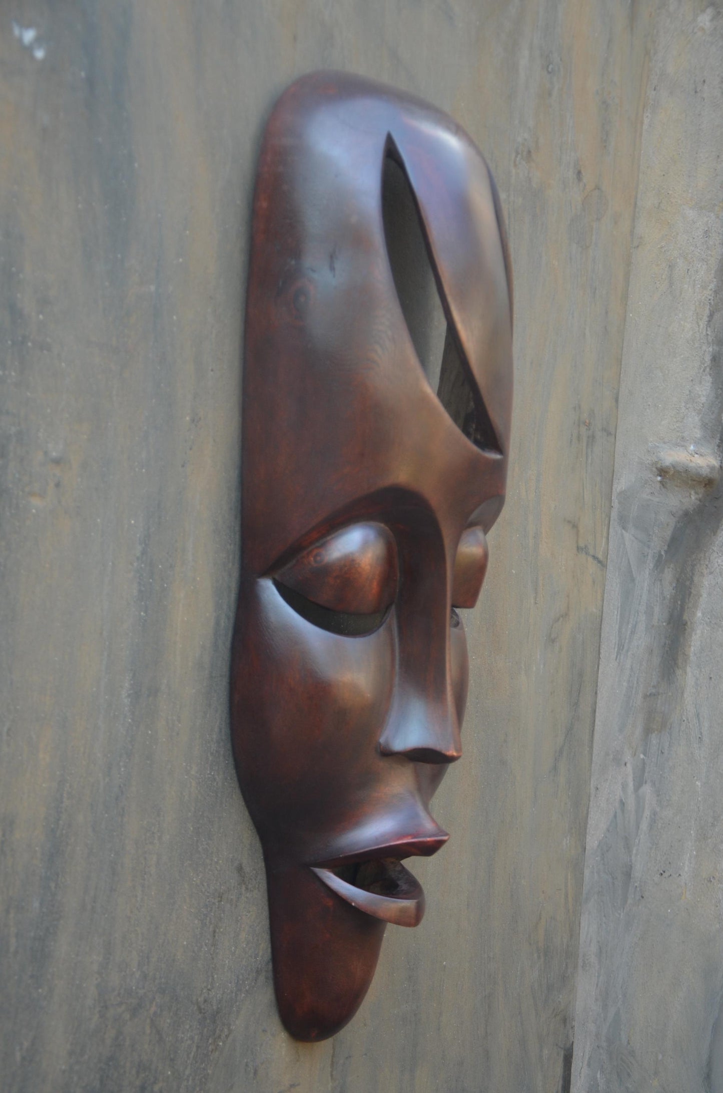 An Authentic Fang Ngil-Style Elongated Mask - 24" Sleek Gabon African Wood Mask, Contemporary Openwork Statement Wall