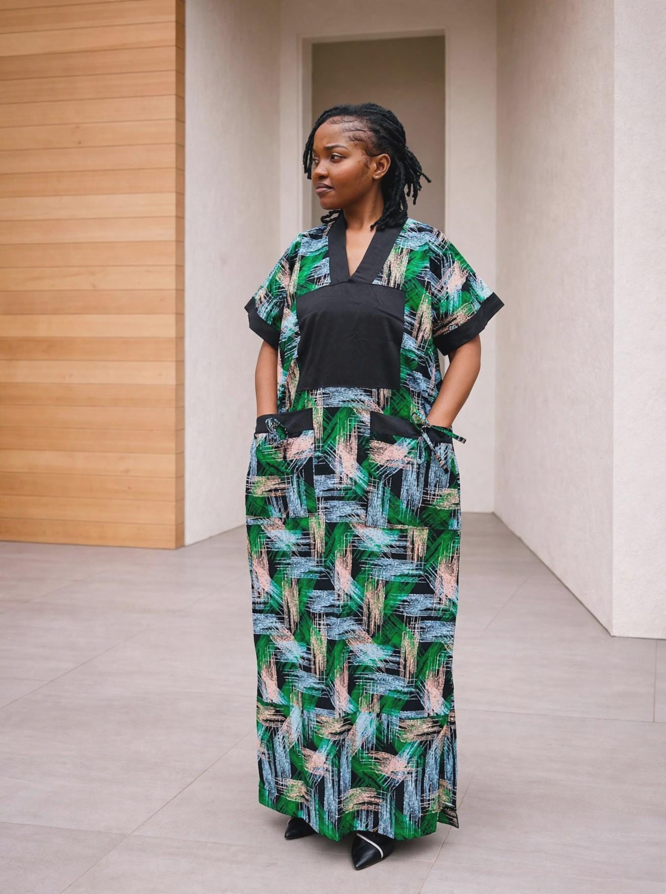 Color-Blocked Kampala Maxi Gown | Paneled Brushstroke Silk Kaftan, Mixed-Media Adire