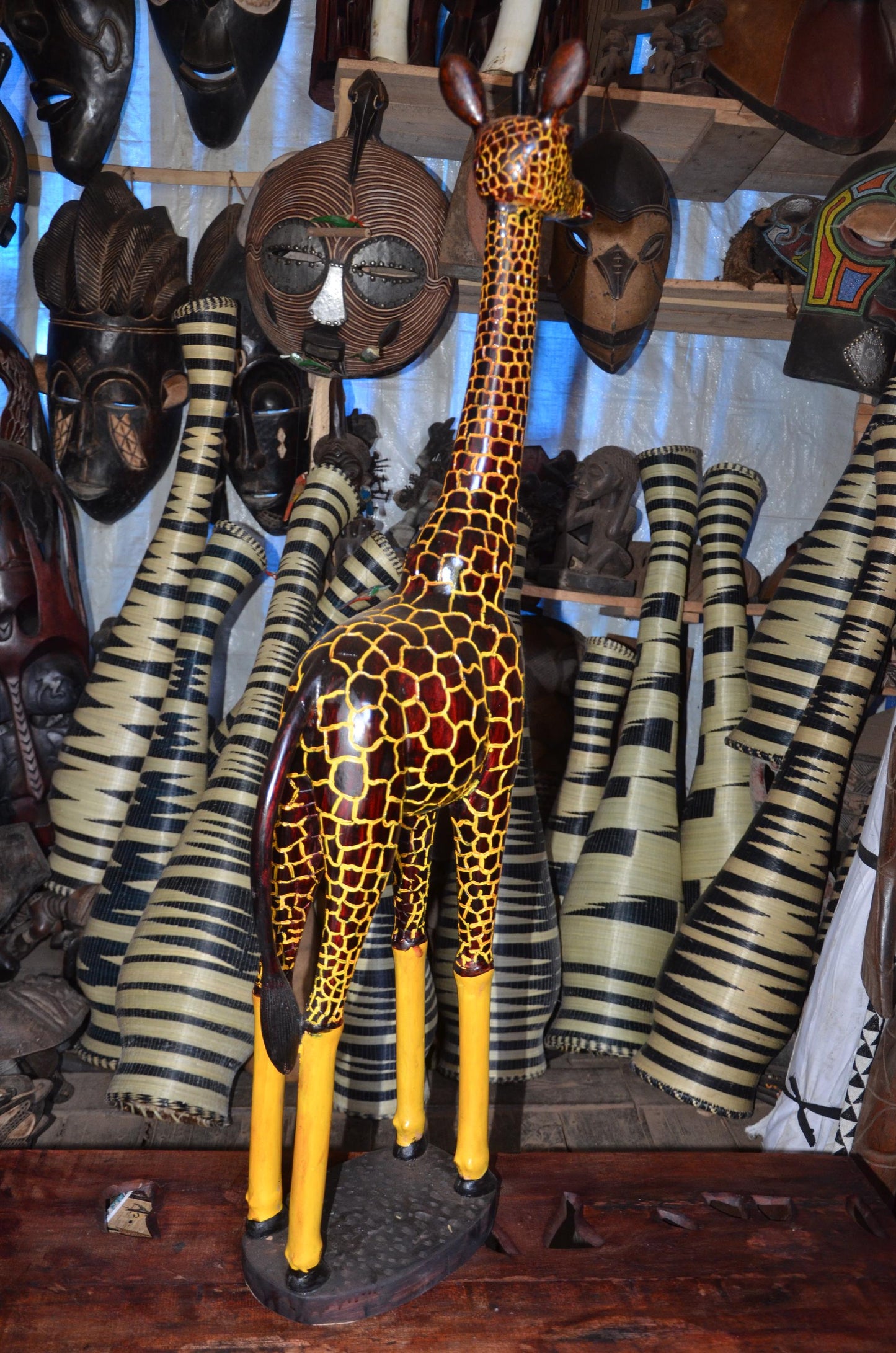 Hand-Carved African Wooden Giraffe Sculpture - 45" Tall Large Wildlife Statue, High-End Wood Carving Statement Piece.