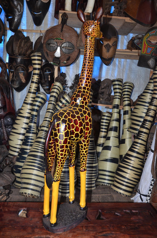 Hand-Carved African Wooden Giraffe Sculpture - 45" Tall Large Wildlife Statue, High-End Wood Carving Statement Piece.