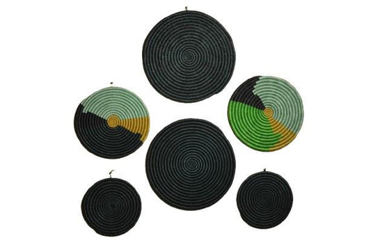 Set of 6 Handwoven Round Wall Baskets – Green & Gold Sisal Decor (1 Set)