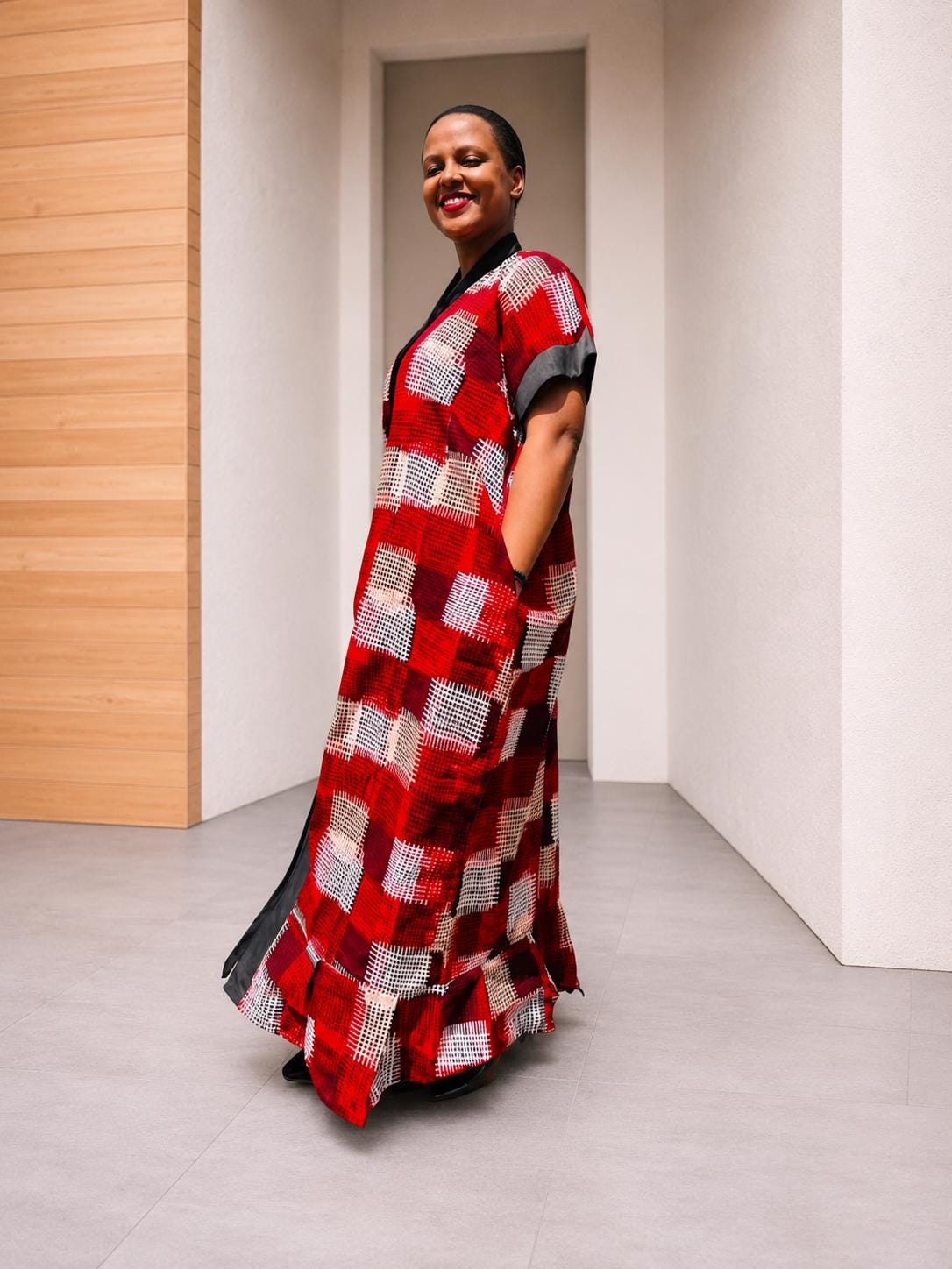 Open-Front Plaid Kampala Gown | Red Geometric Silk Kaftan, Satin-Placket Adire