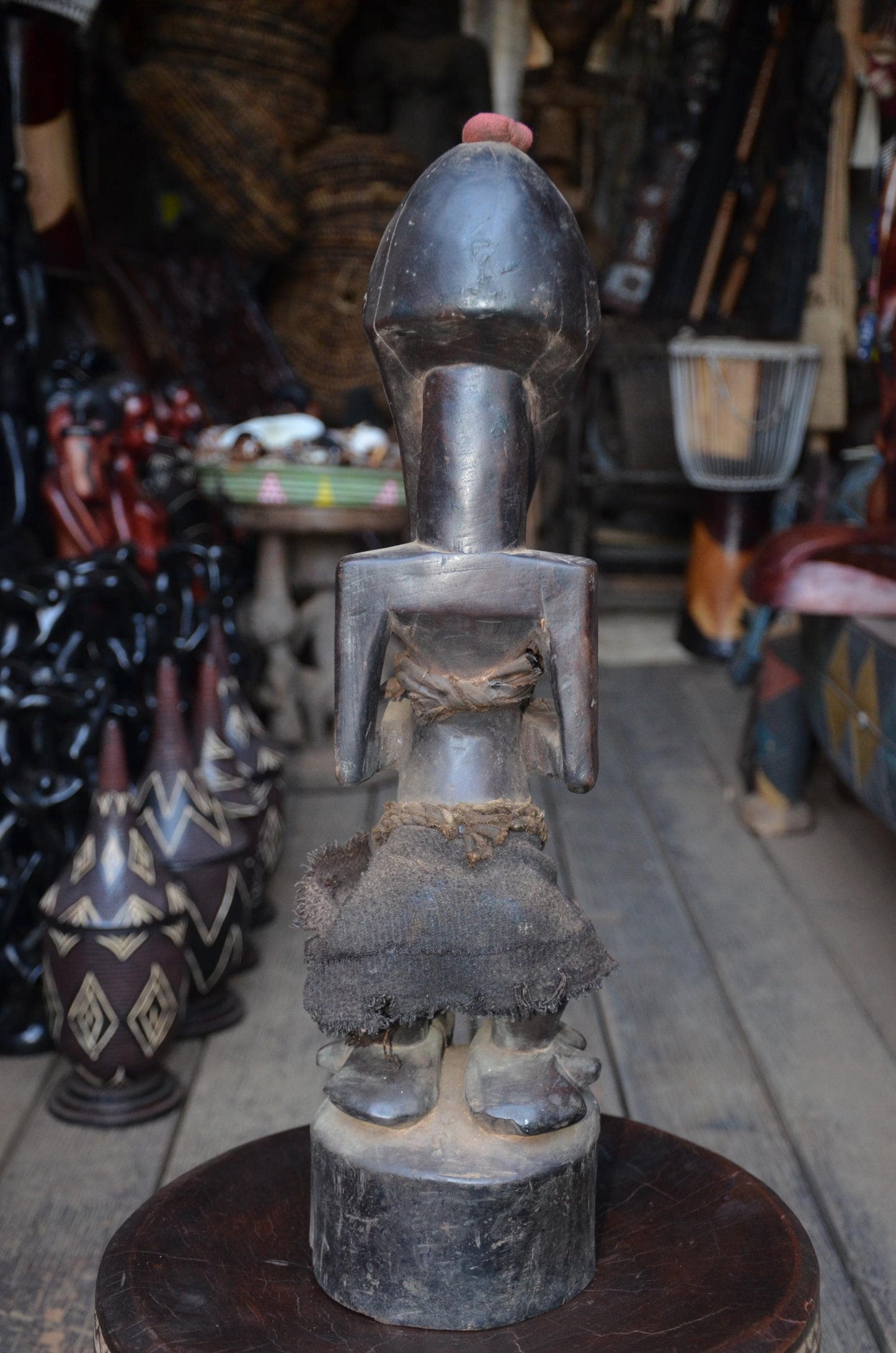 Authentic Songye Power Figure - 21" Hand-Carved Wood Nkishi Statue, Traditional Metal Tacks & Medicine Cavity.