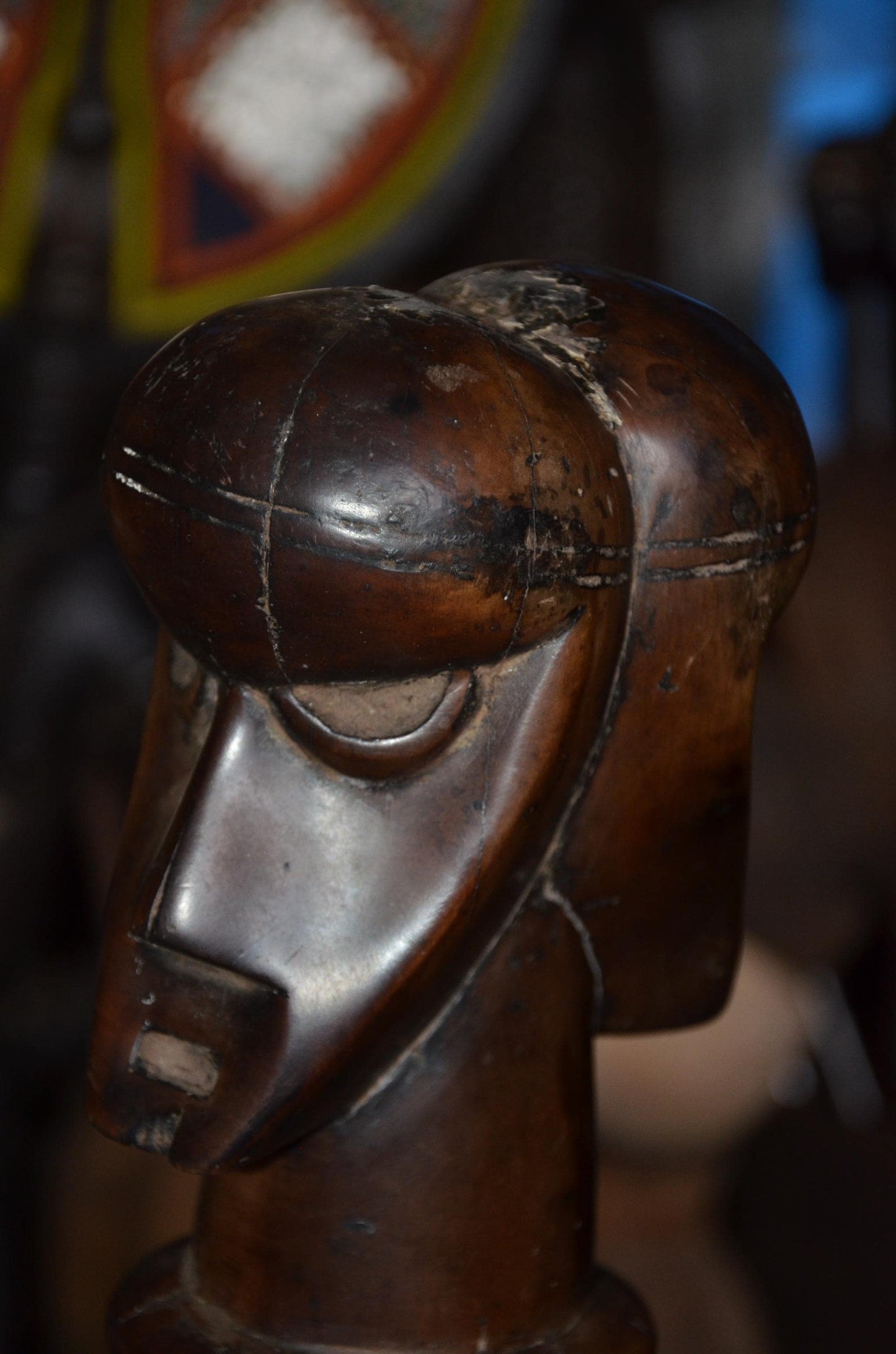 Authentic Songye Kifwebe Head Sculpture - 12" Hand-Carved Wood Ancestor Bust on Ringed Pedestal, Polished Mahogany Patina.