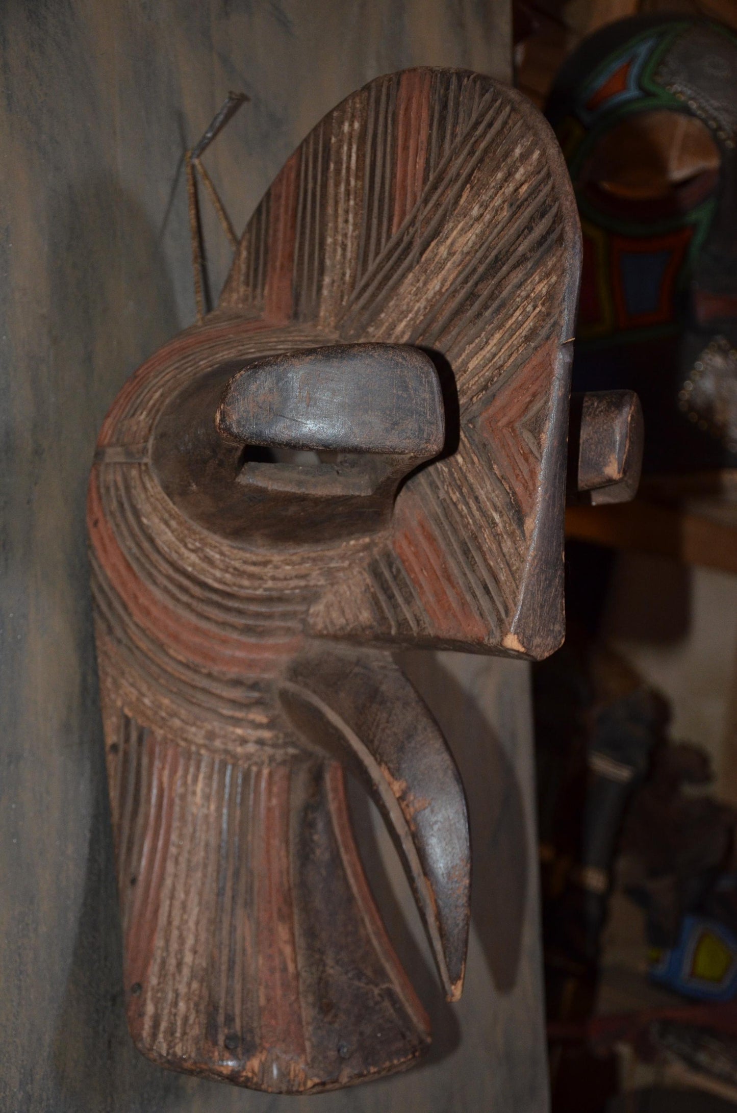 Authentic Songye Kifwebe Male Mask - 20" Hand-Carved Wood Striated African Mask, High-Relief Sagittal Crest.