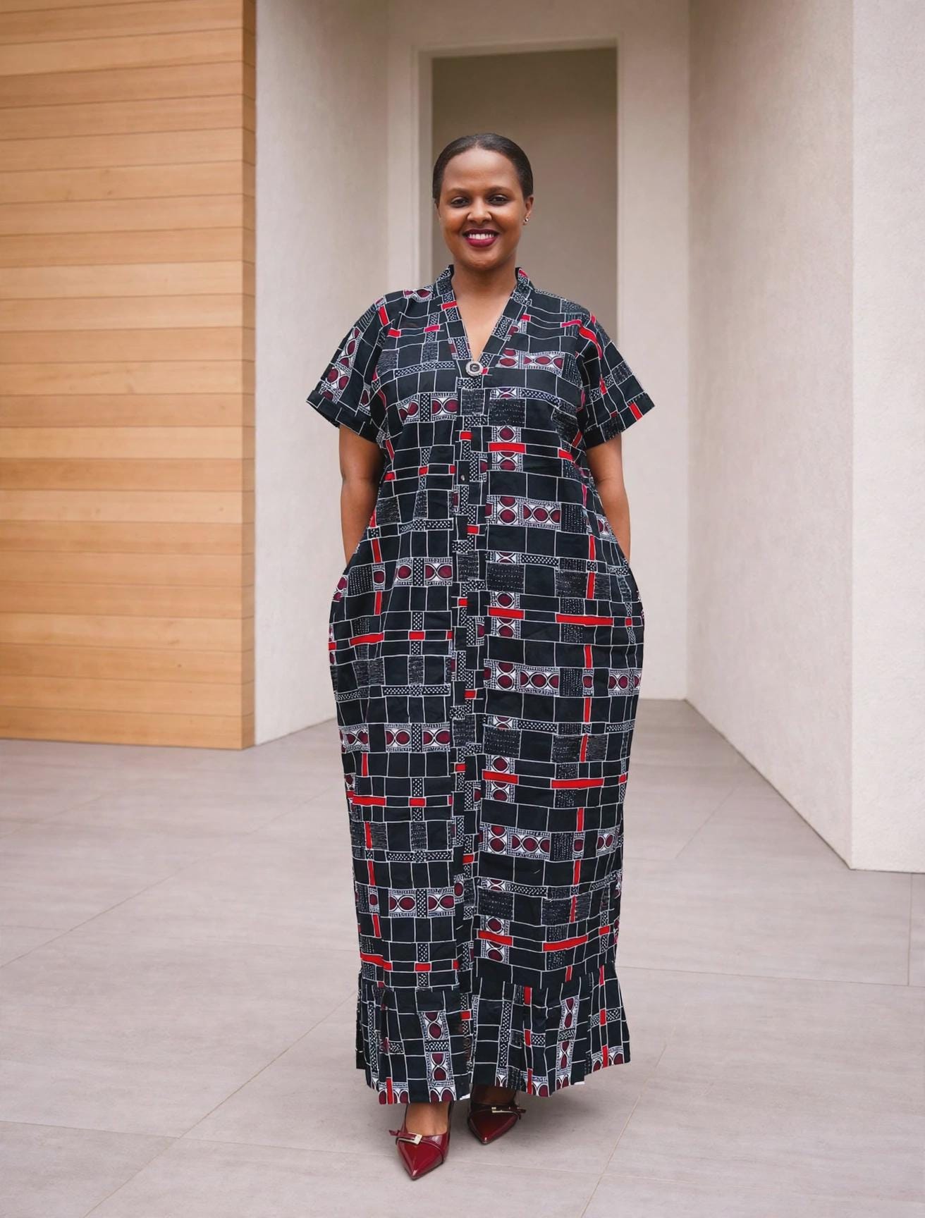 Geometric Plaid African Shirt Kaftan | Buttoned Grid Boubou, Monochromatic Maxi