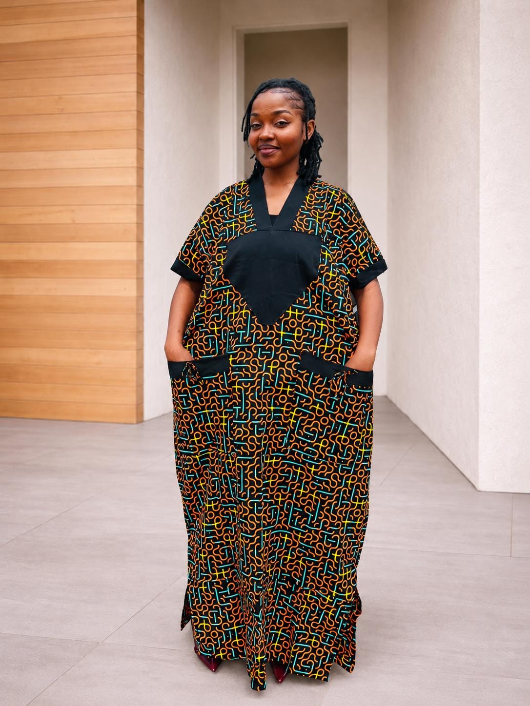 Tie-Front Ankara Kimono Maxi | Cuffed Satin-Trim Boubou, Red Gown