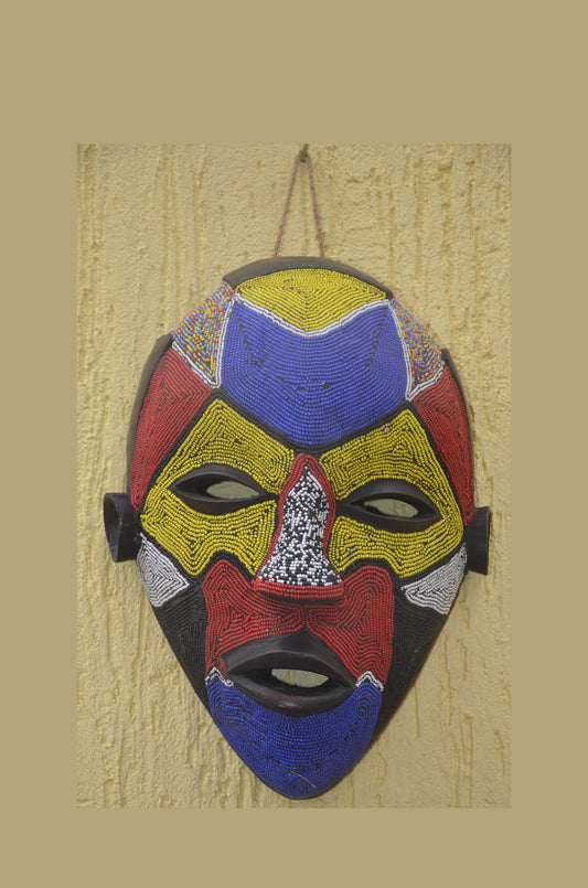 African Bamileke Beaded Tribal Mask - 17" Large Cameroon Grassfields Beaded Mask, Bold Wall Decor Statement Piece, Vintage African Art.