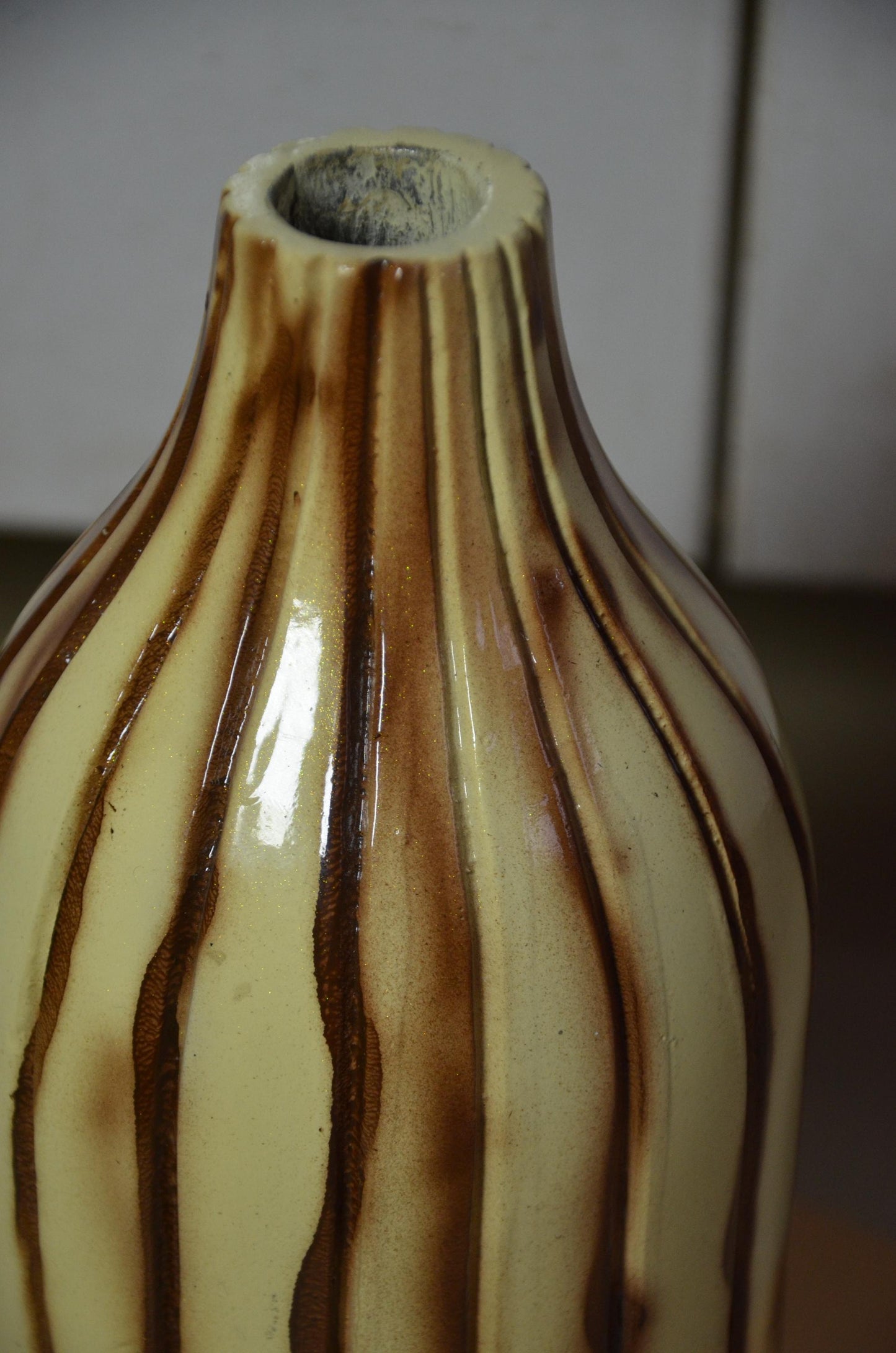 Fluted Wooden Bottle Vase | Cream and Brown Ribbed Vessel