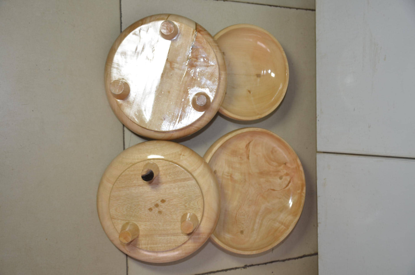 Set of 4 Footed Wooden Bowls | Natural Blonde Wood Decorative Fruit Dish Set