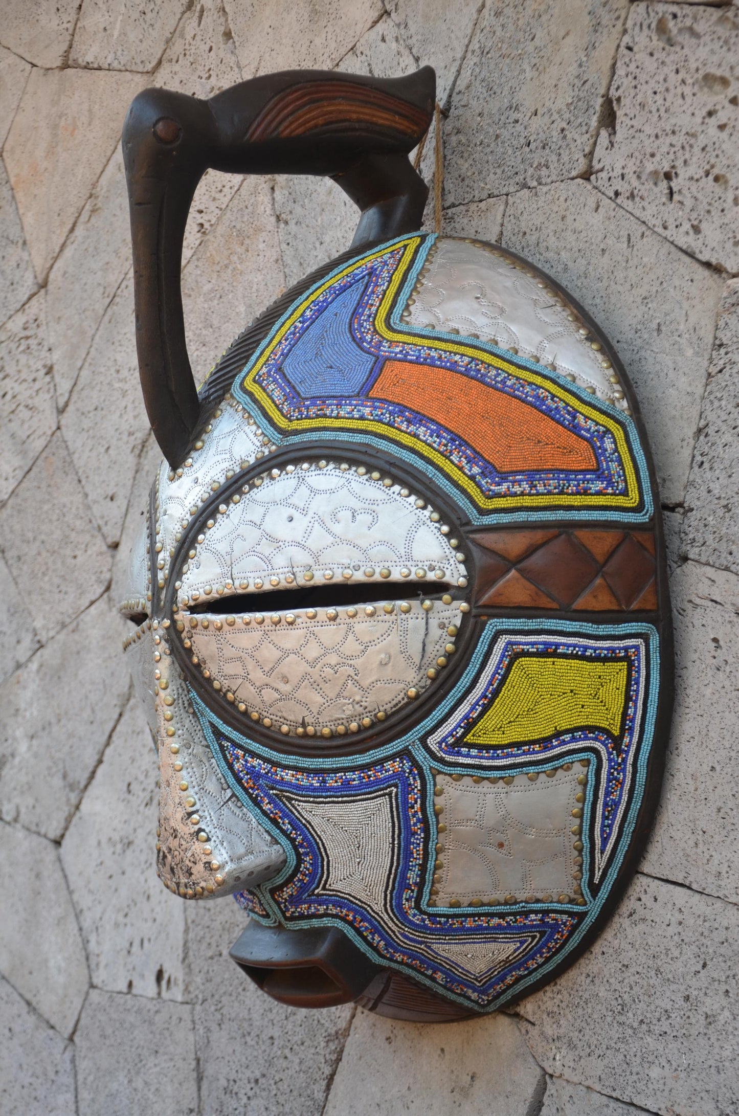 Marka-Styled Ghanaian Mask | Large Decorative Metal-Clad Art
