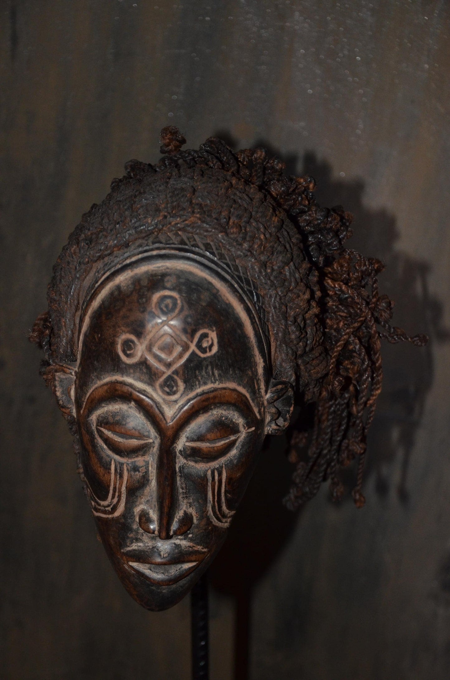 Authentic Chokwe Pwo Mask - 12" Hand-Carved Wood Female Ancestor Mask, Angolan Tribal Art, Woven Fiber Hair.