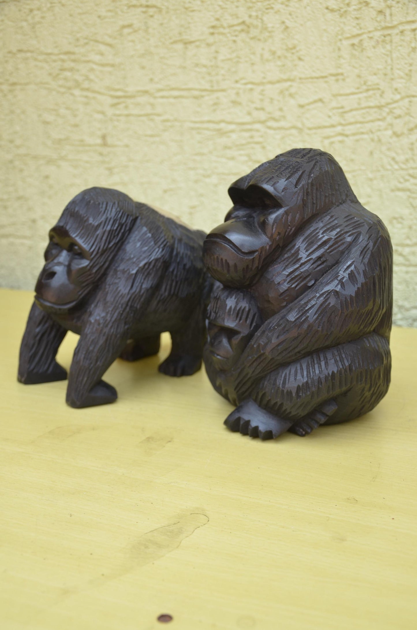 Large Hand Carved Wooden Gorilla Family Sculpture | Wildlife Art