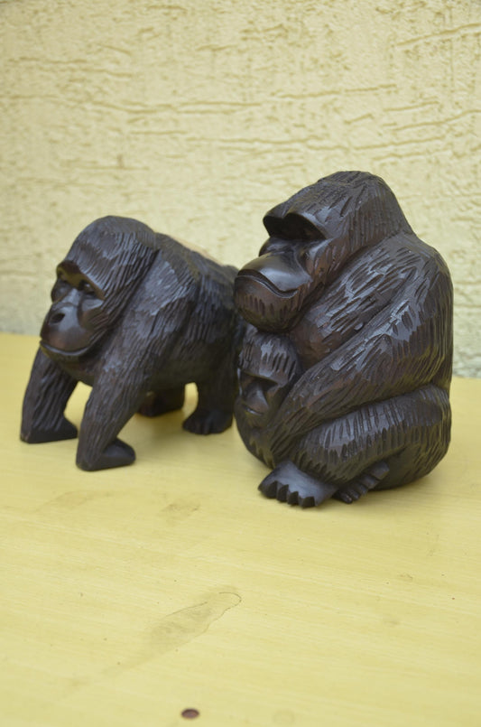 Large Hand Carved Wooden Gorilla Family Sculpture | Wildlife Art