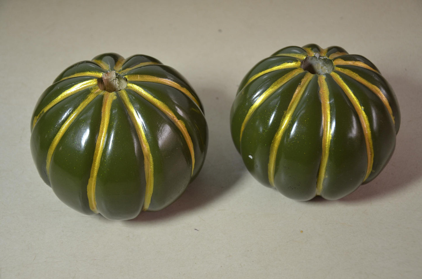 Set of 2 Fluted Green Pumpkin Vases | Metallic Olive Gold Ribbed Vessel Duo | Modern Nordic Home Decor Accent | Handcrafted Wood Art