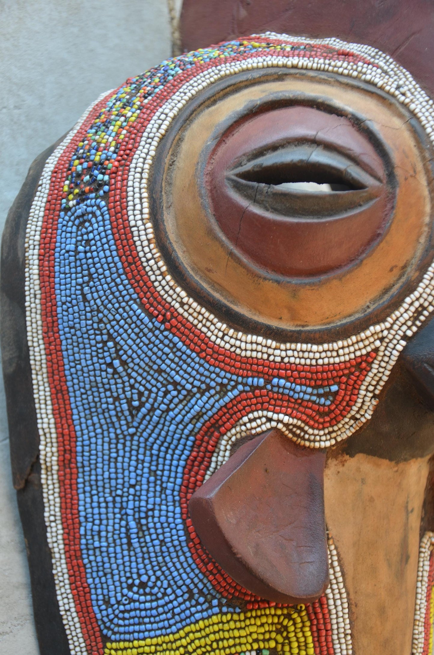 Authentic Cameroon Grassfields Beaded Rooster Mask - 17" Hand-Carved African Zoomorphic Bird Mask, Bamileke Style Beadwork Wall Sculpture.