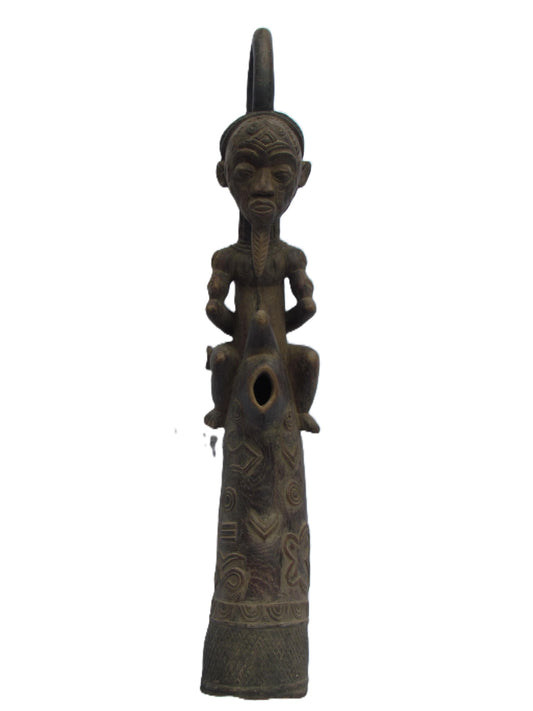Hand-Carved Luluwa Prestige Ceremonial Pipe - Rare Congolese Tribal Art, African Wood Sculpture, Antique Lulua Collectible.