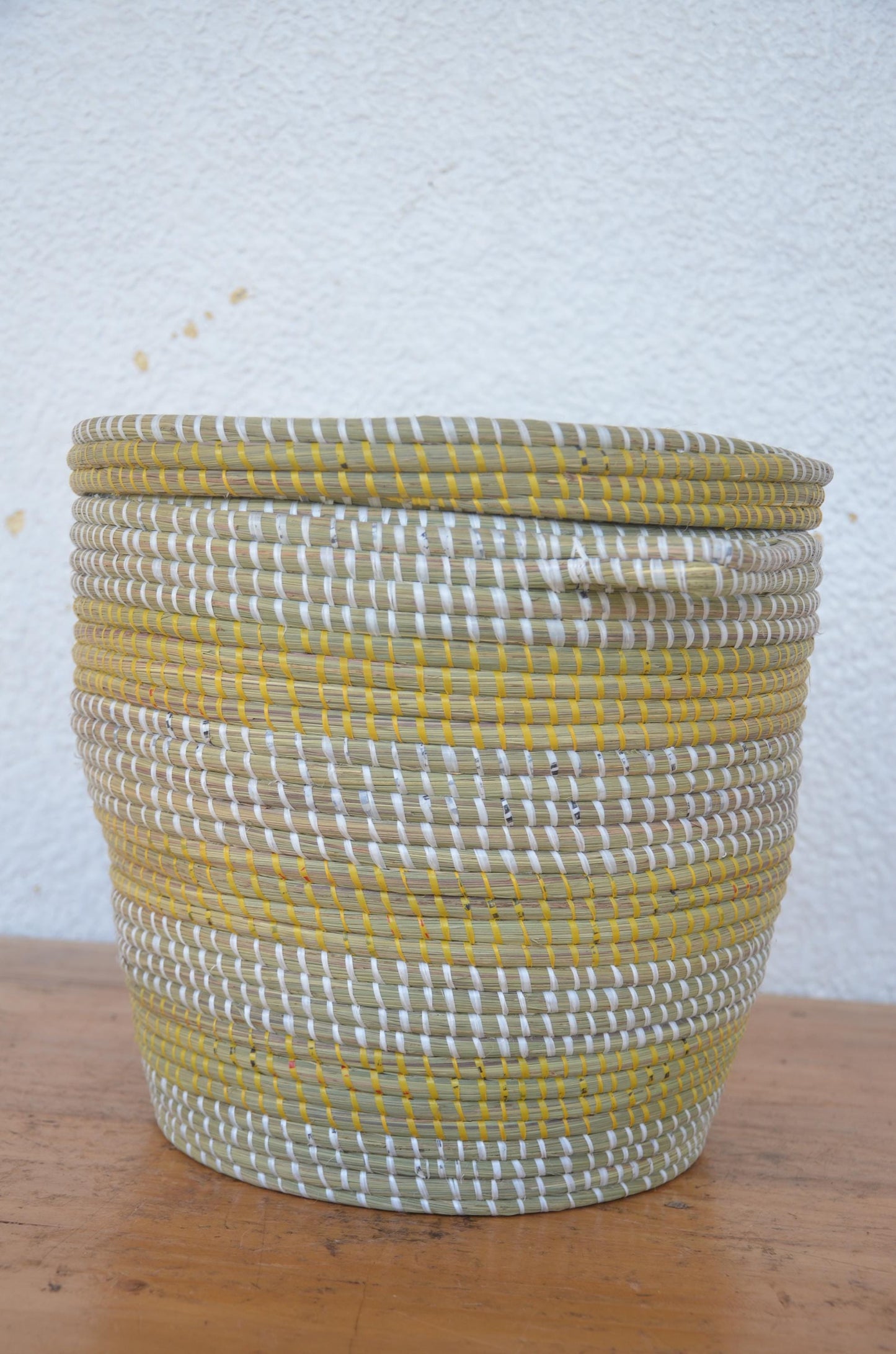 Handwoven Senegalese Coil Basket with Lid | Yellow and White Boho Storage Bin