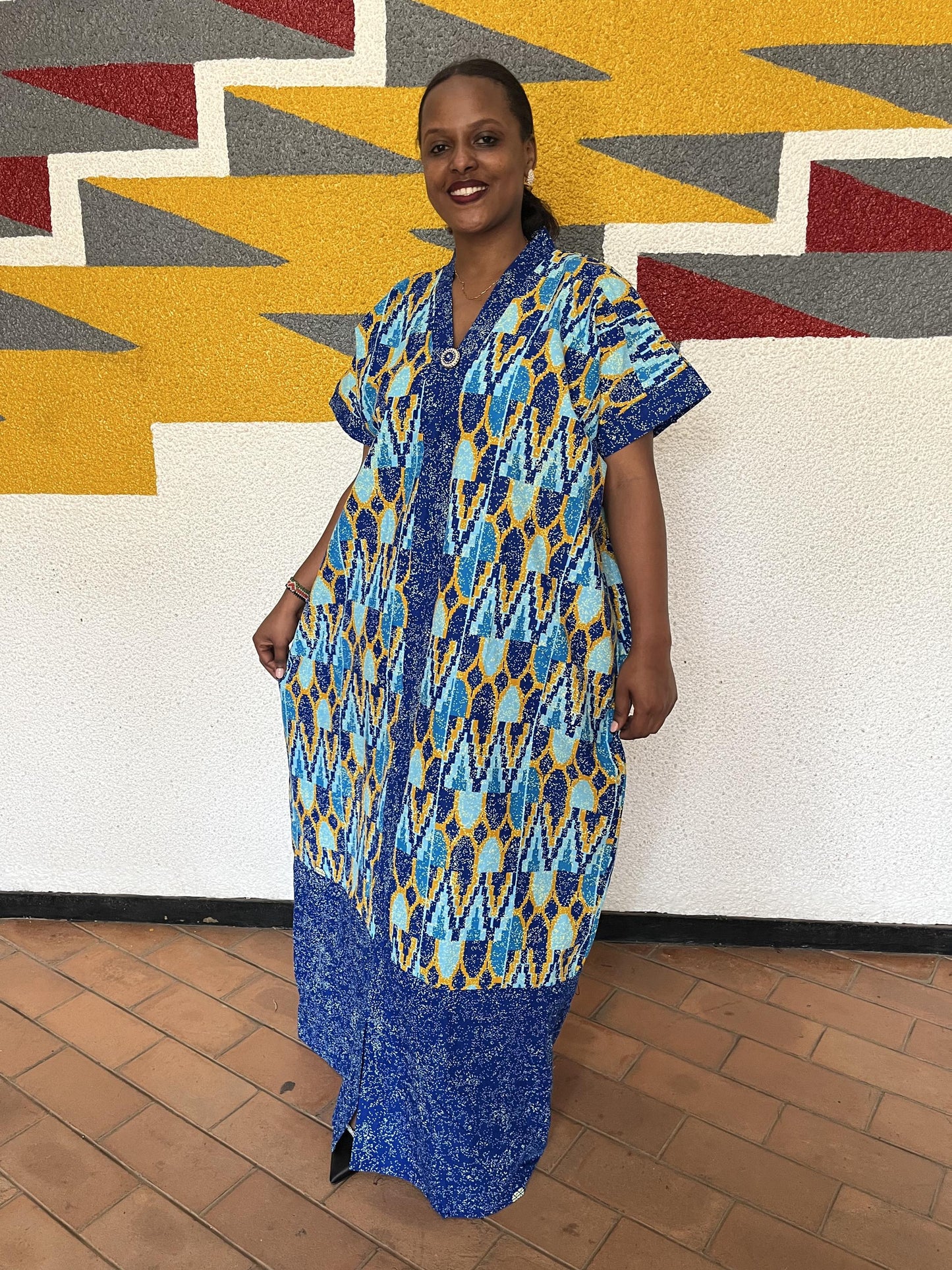 Royal Blue Geometric Shirt Kaftan | Buttoned Chevron-Ikat Boubou, Block-Hem Maxi