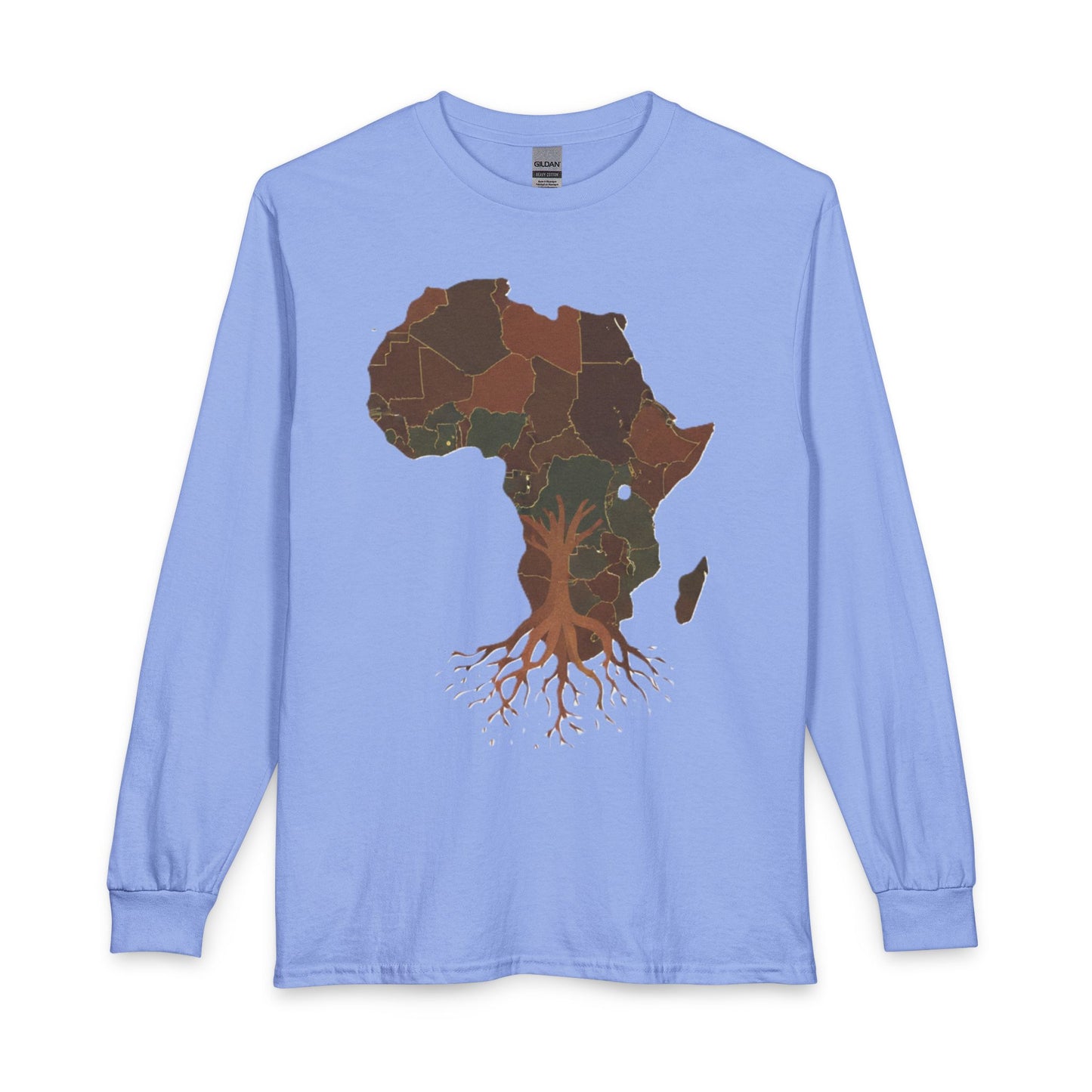 Africa Roots Long Sleeve Tee — Brown Map & Tree Roots Graphic