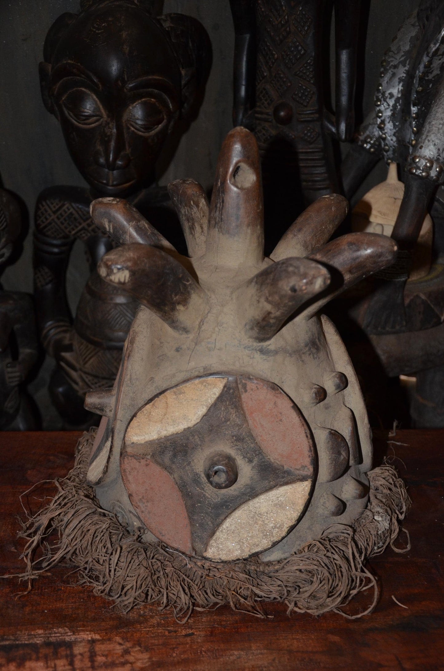 Authentic Luba or Songye Zoomorphic Helmet Mask - 17" Multi-Horned Kifwebe Art, Congo Polychrome Face Mask, High-End Tribal Wall Sculpture.
