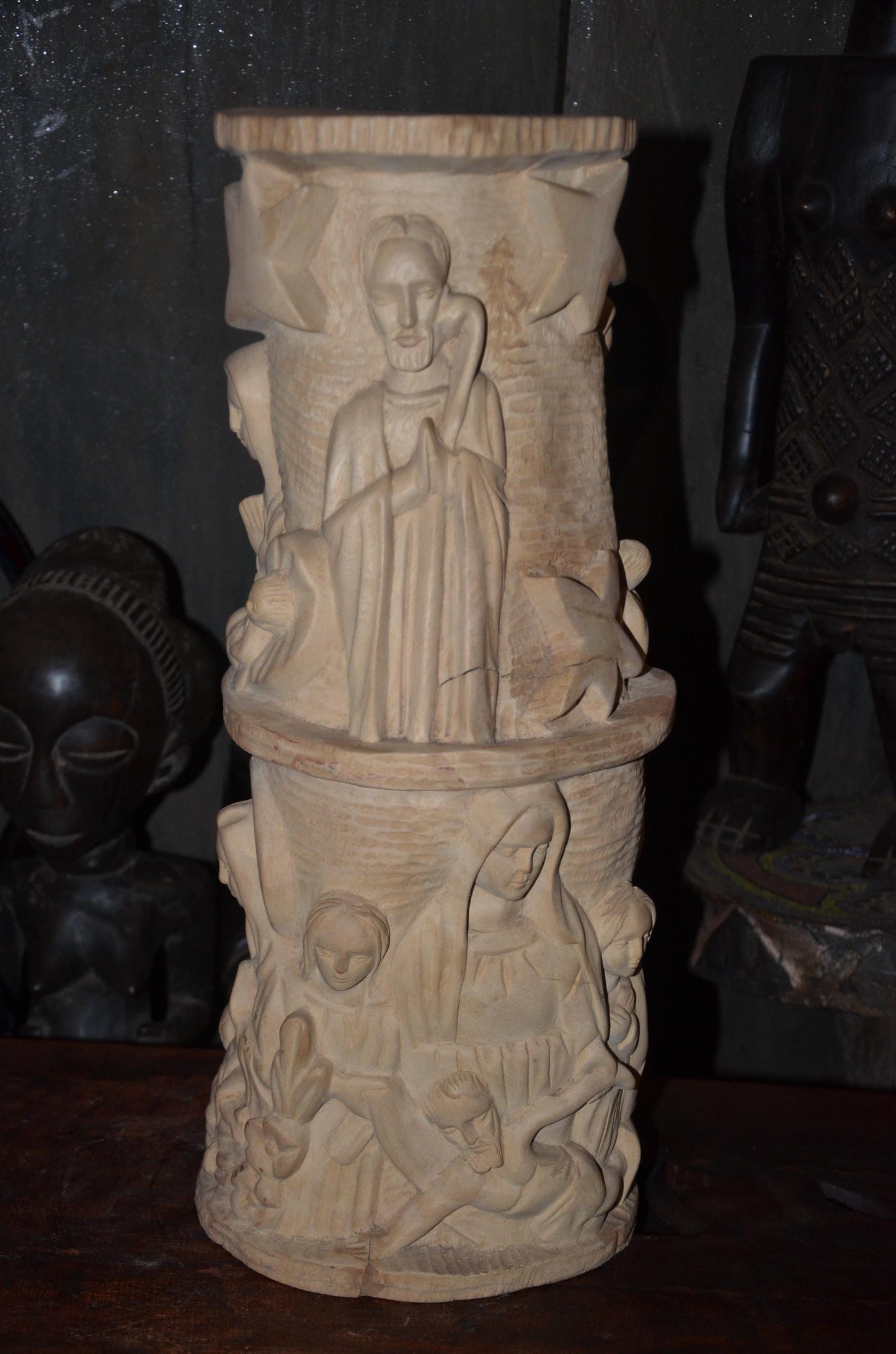African Carved Wood Stool | Relief Side Table | Handmade Tribal Furniture