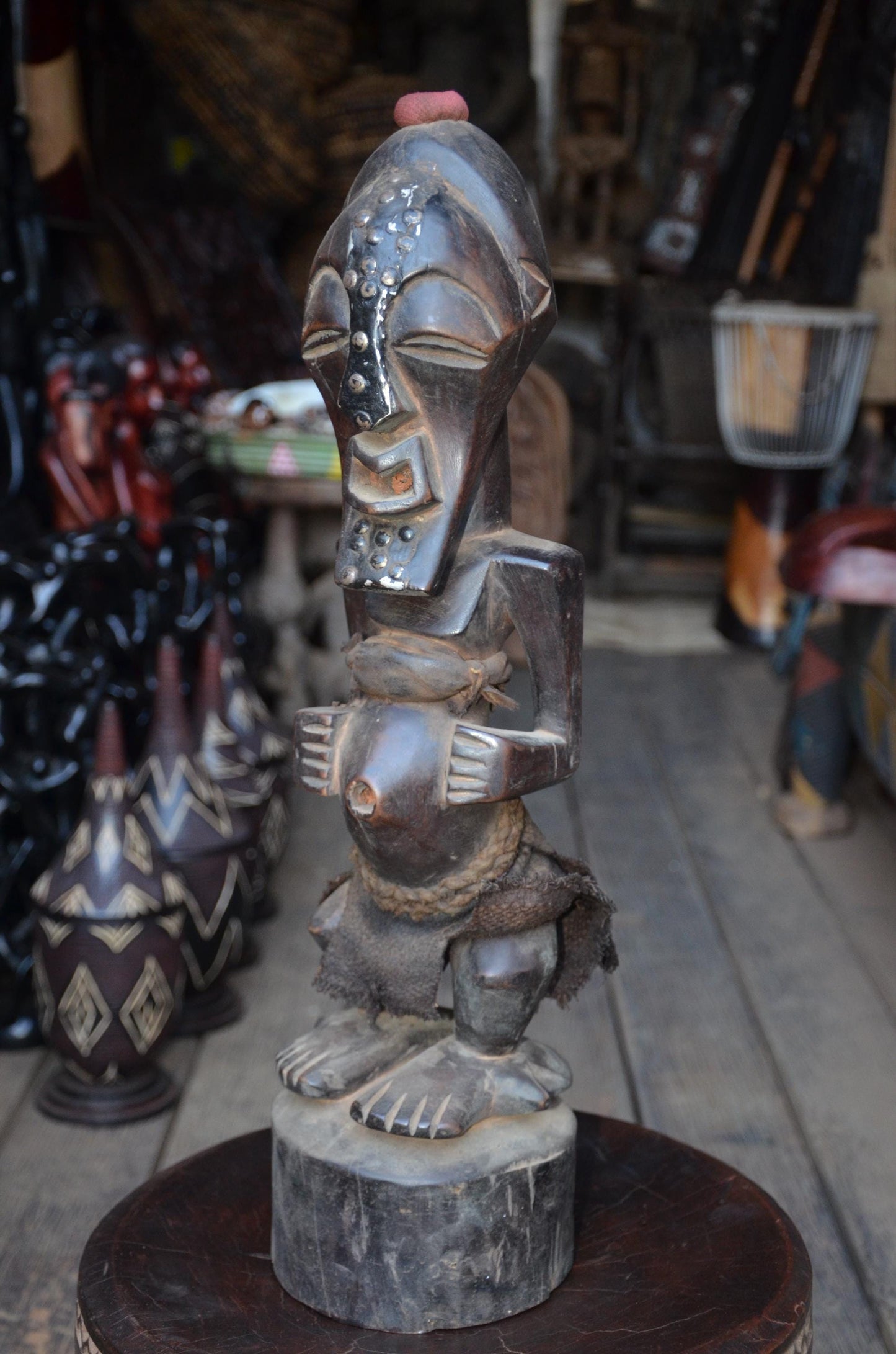 Authentic Songye Power Figure - 21" Hand-Carved Wood Nkishi Statue, Traditional Metal Tacks & Medicine Cavity.