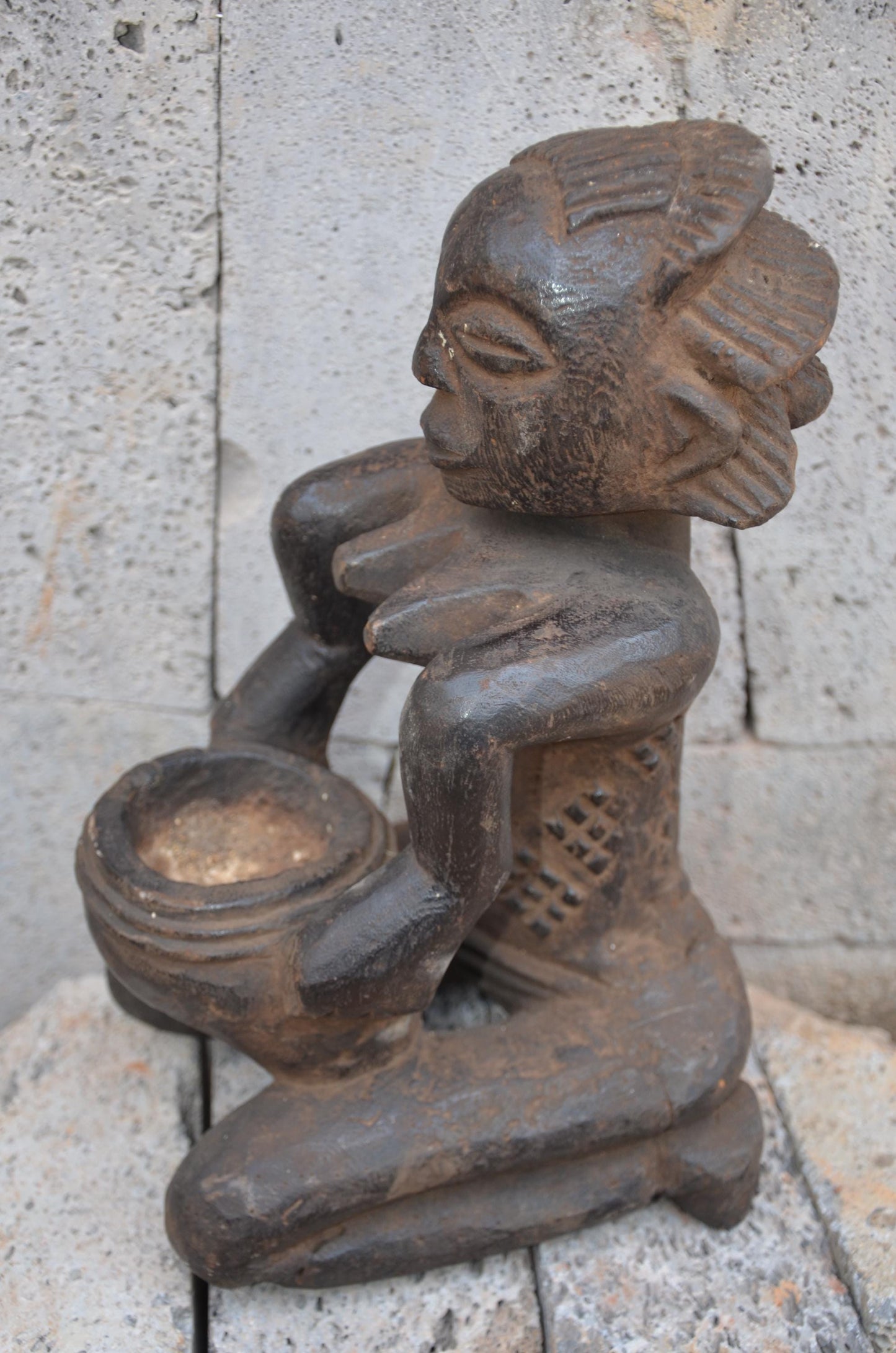 Authentic Luba Bowl Bearer Statue | Congolese Tribal Art | Hand-Carved