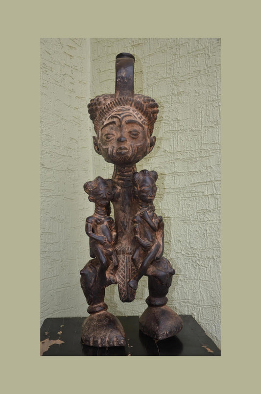 Lulua Maternity Figure â€“ 31" Hand-Carved Wood Congo Mother Twin Statue â€“ Art.