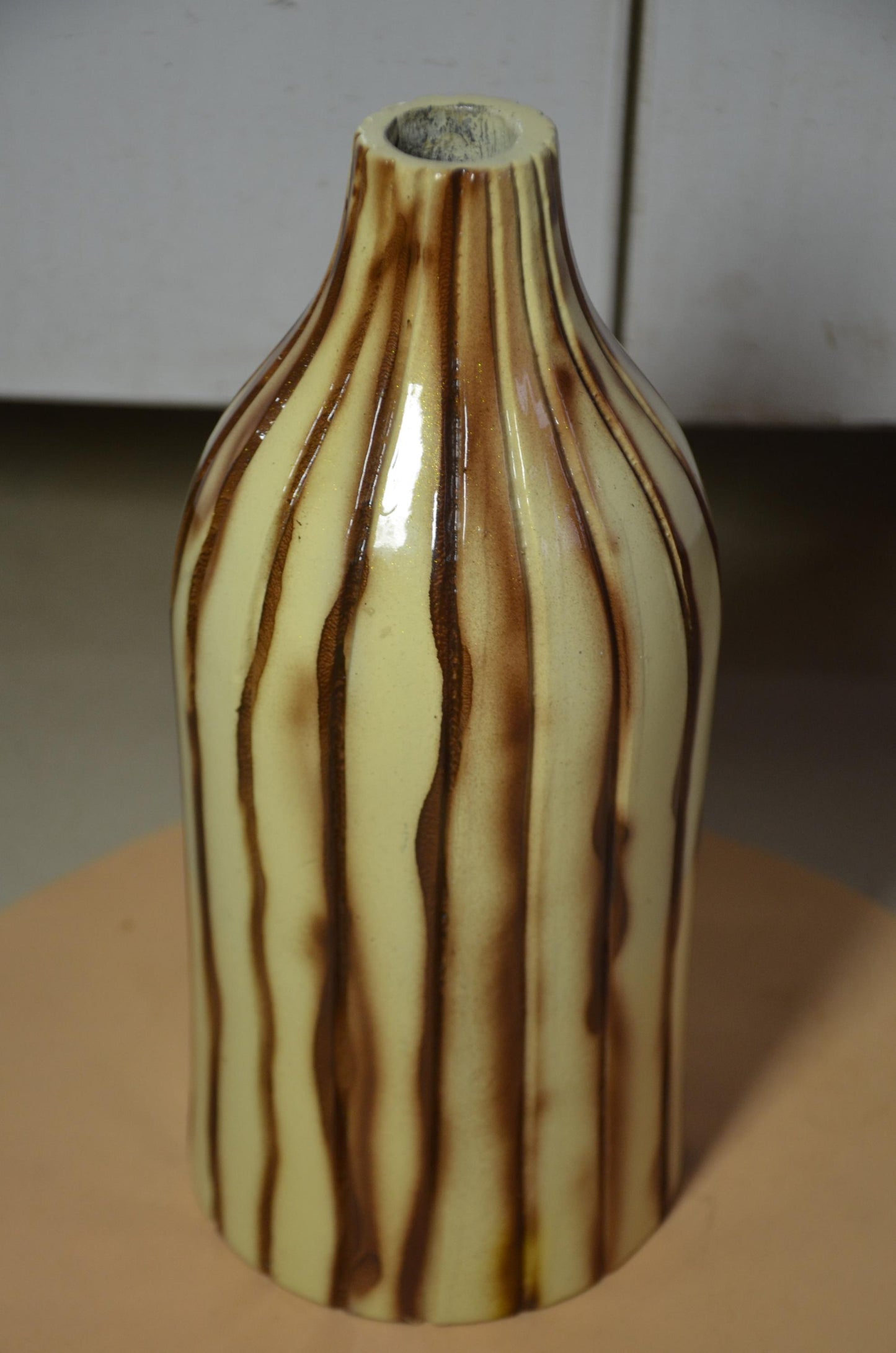 Fluted Wooden Bottle Vase | Cream and Brown Ribbed Vessel
