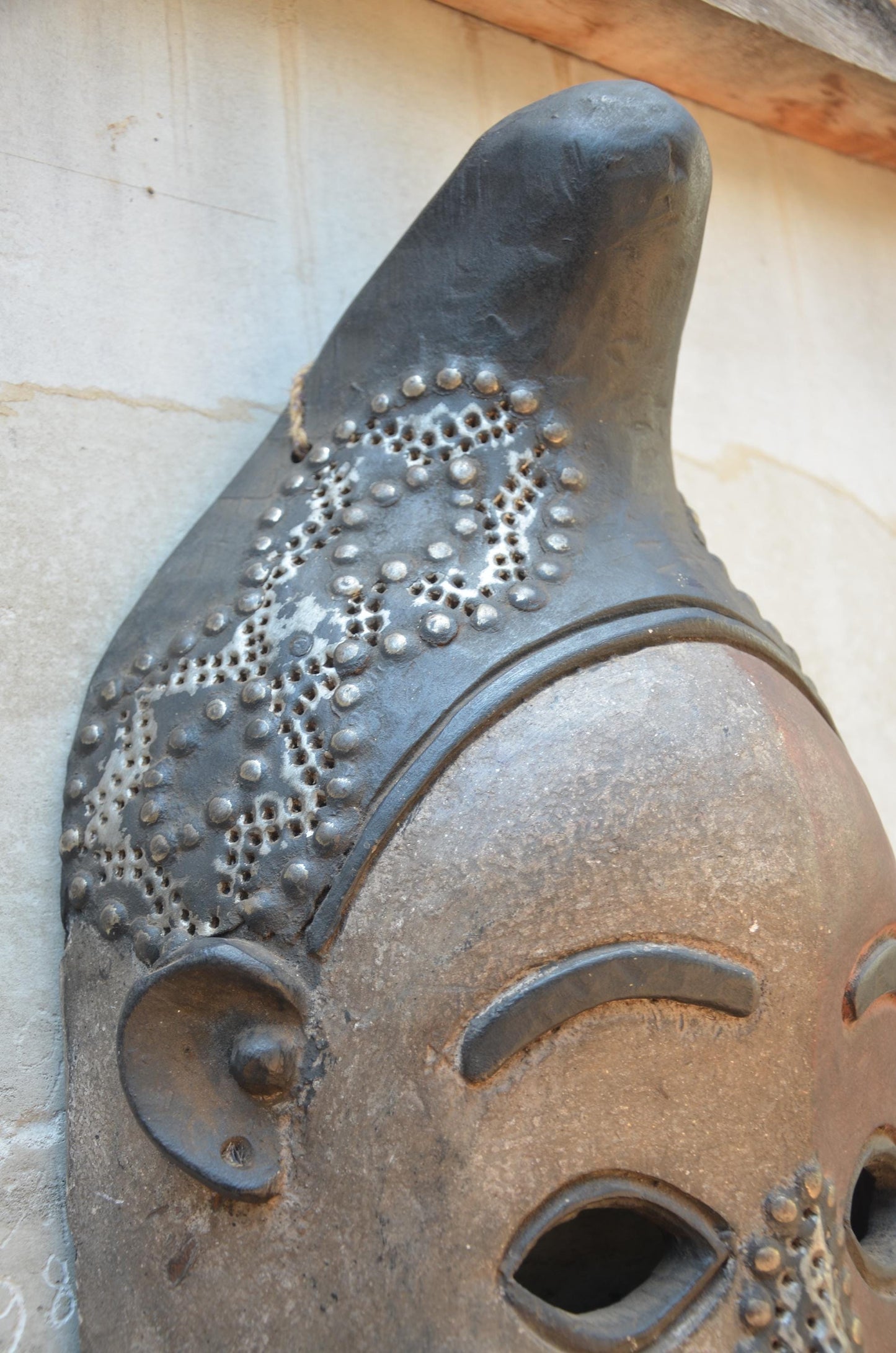 Large Yaure Yaure Mask - 24" Two-Tone African Wood Carving, Metallic Tack Details, Ivory Coast Tribal Wall Sculpture.