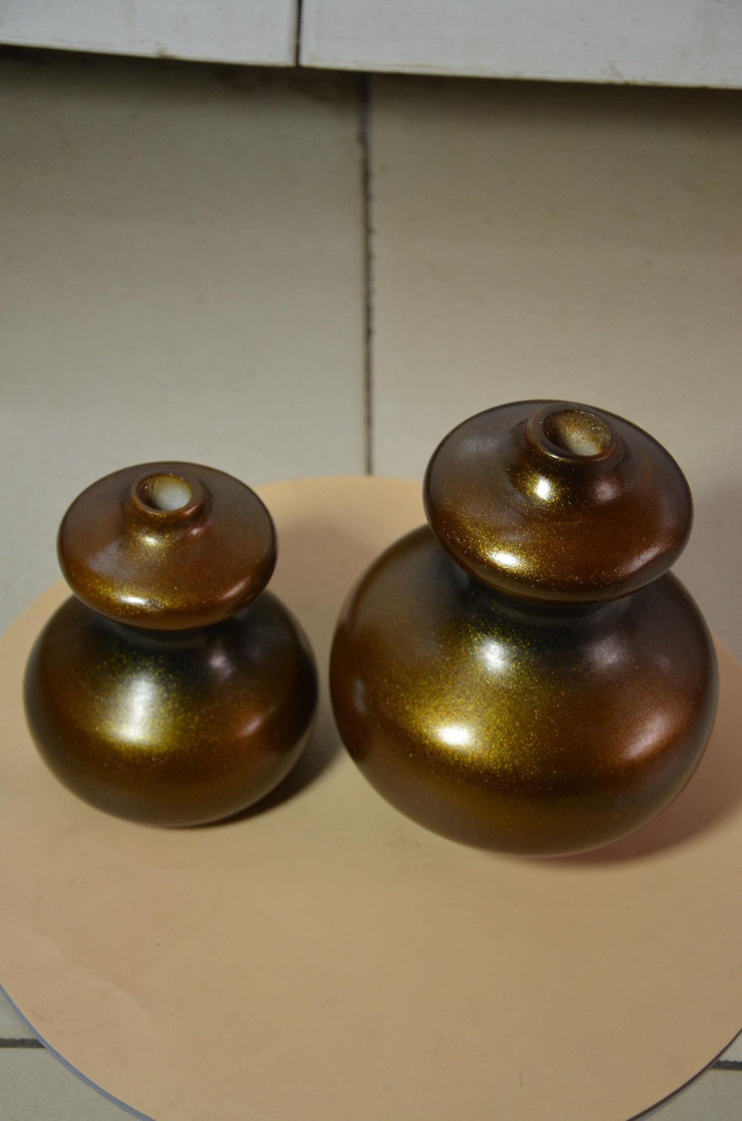 Set of 2 Bronze Wooden Gourd Vases | Metallic Gold Calabash Vessel Duo | Modern Nordic Home Decor Accent | Handcrafted Minimalist Wood Art