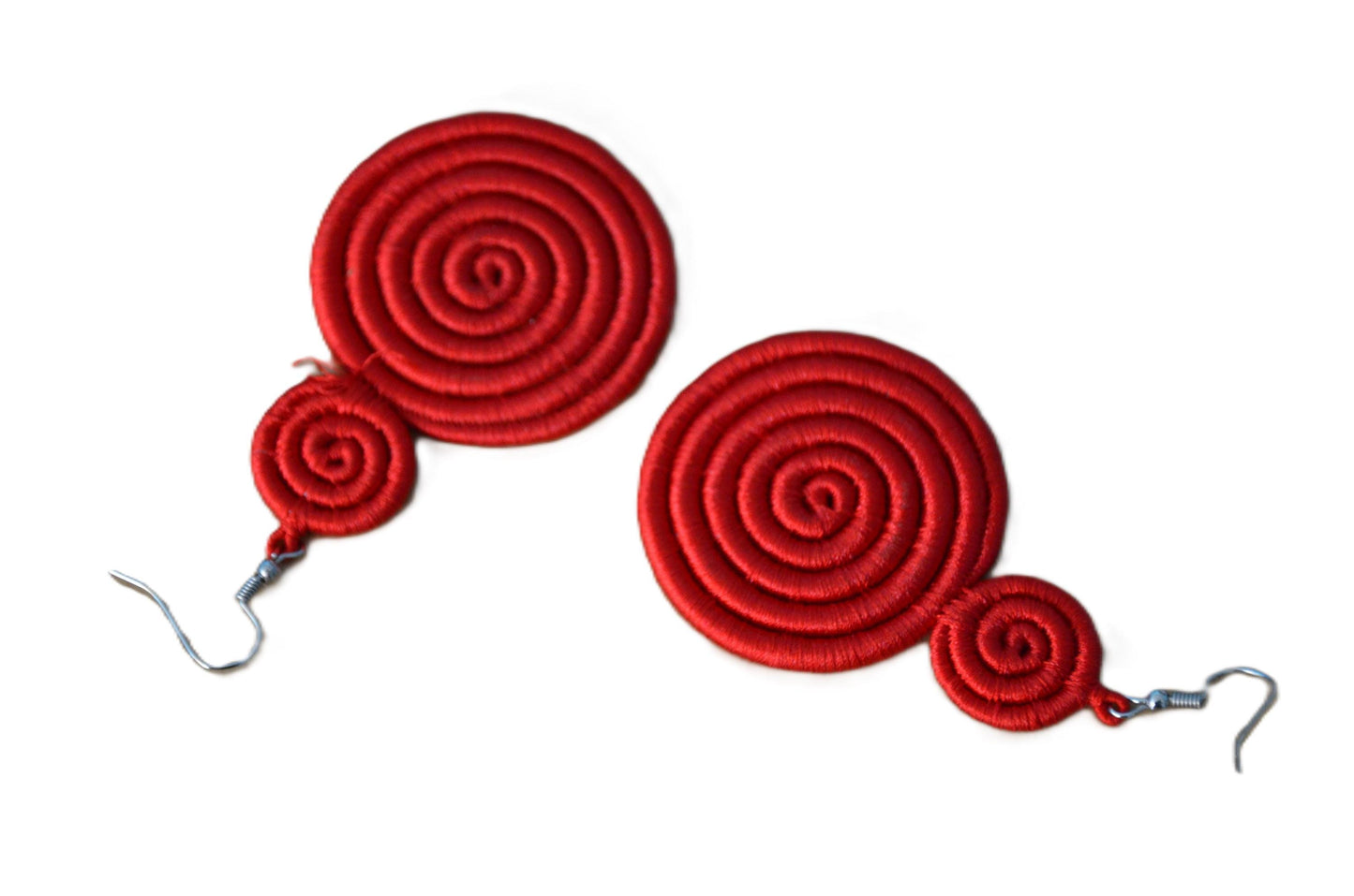 Red Sisal Rwandan Earrings, Handmade African Woven Fiber Jewelry, Bold Boho Statement Drop Earrings