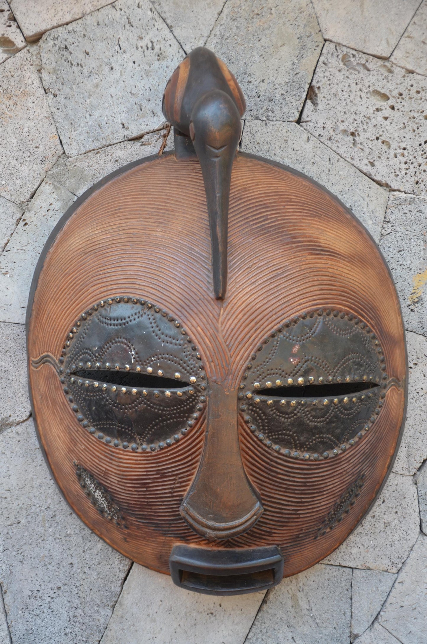 Grand Luba-Style African Mask - Massive 33" Hand-Carved Striated Wood Kifwebe Mask, Metal Sheet Overlay & Bird Crest Statement Piece.
