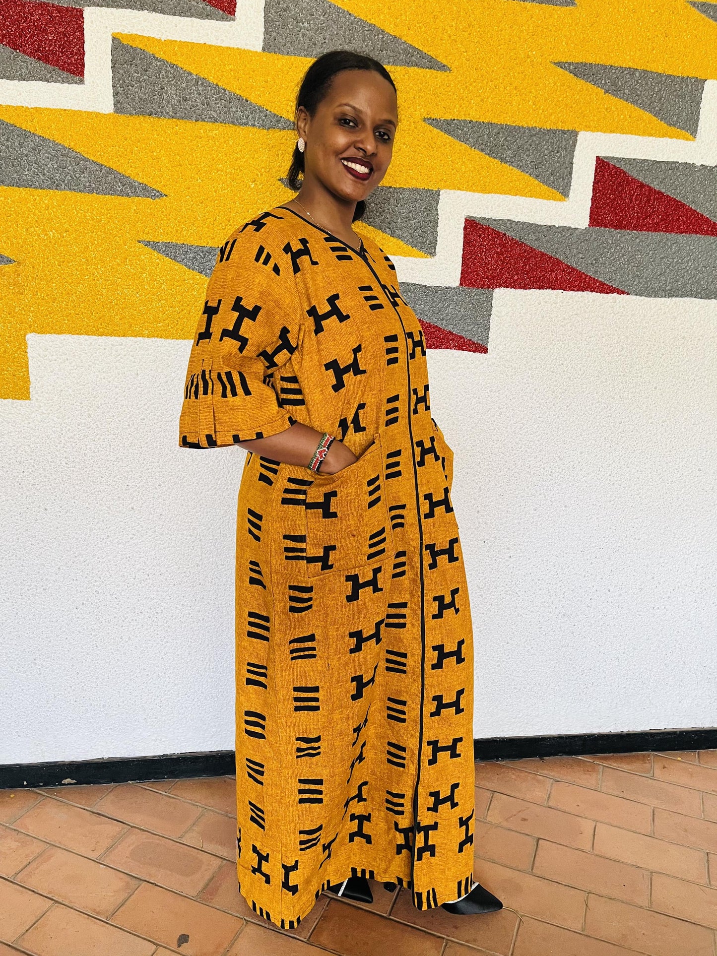 Mustard Yellow Graphic Shirt Kaftan | Buttoned Symbolic Boubou, Ochre Maxi