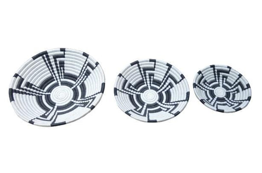 Set of 3 Handwoven Wall Basket Bowls – White & Black Sisal Decor (Rwanda Handmade)