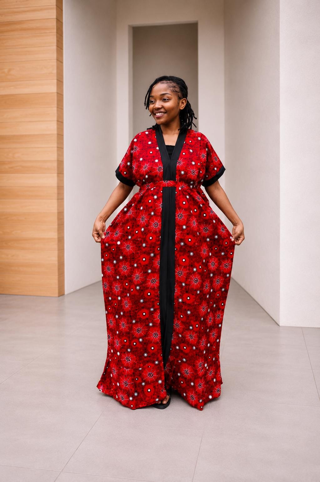 Tie-Front Ankara Kimono Maxi | Cuffed Satin-Trim Boubou, Red Gown